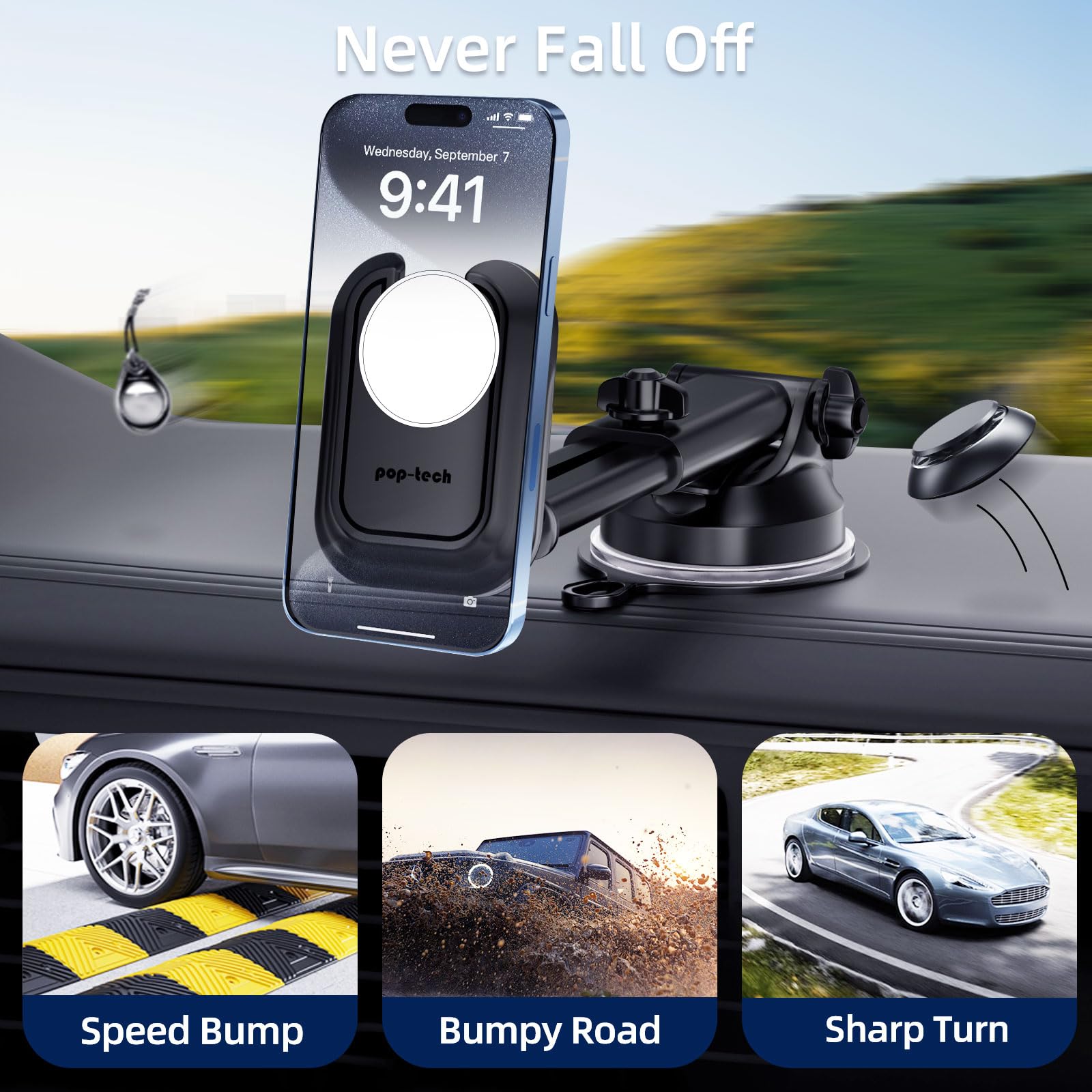 Pop-Tech Car Phone Mount For Pop Socket: Suction Cup Cell Phone Holders For Automobile Dashboard Windshield Window - Dash Mounted Cellphone Stand Black Fits Thick Socket Wallet Grip For Iphone Samsung