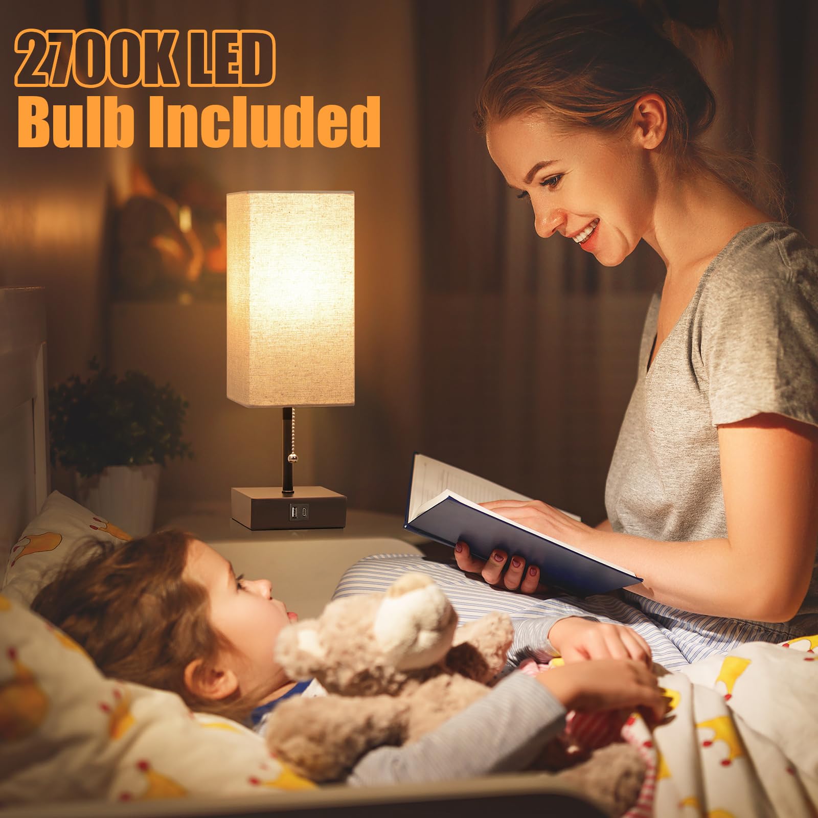 Ggoying Bedside Table Lamp, Pull Chain Table Lamp With Usb C+A Charging Ports, 2700K Led Bulb, Fabric Linen Lampshade, Nightstand Lamp For Livingroom Bedroom Office Reading Working