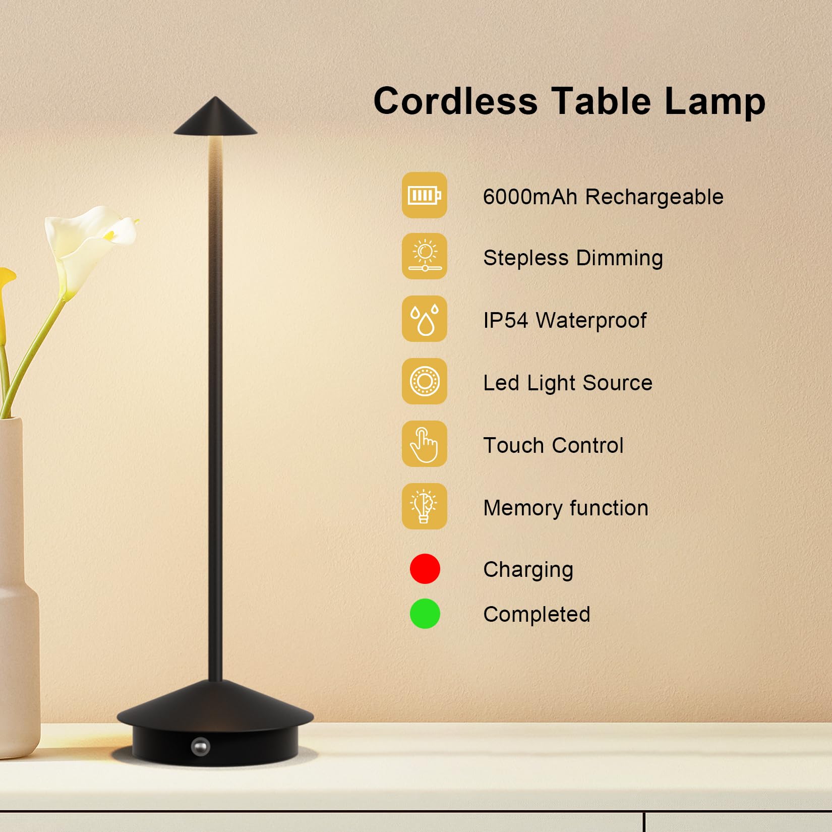Aoceley 2-Pack 6000Mah Rechargeable Led Table Lamp,Outdoor Cordless Table Light Waterproof Portable,3000K Stepless Dimmable Modern Lamp For Restaurant/Bedroom/Outdoor (Black)