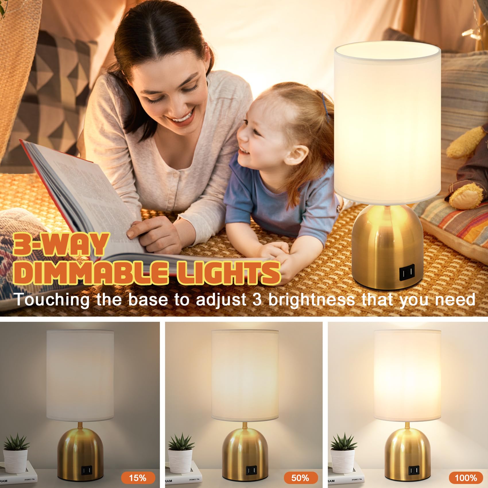Yacoto Touch Control Table Lamp For Bedroom, 3 Way Dimmable Modern Gold Bedside Lamps With 2 Usb Charging Ports With Metal Base Fabric Shade For Nightstand, Living Room, Home Office(Bulb Included)