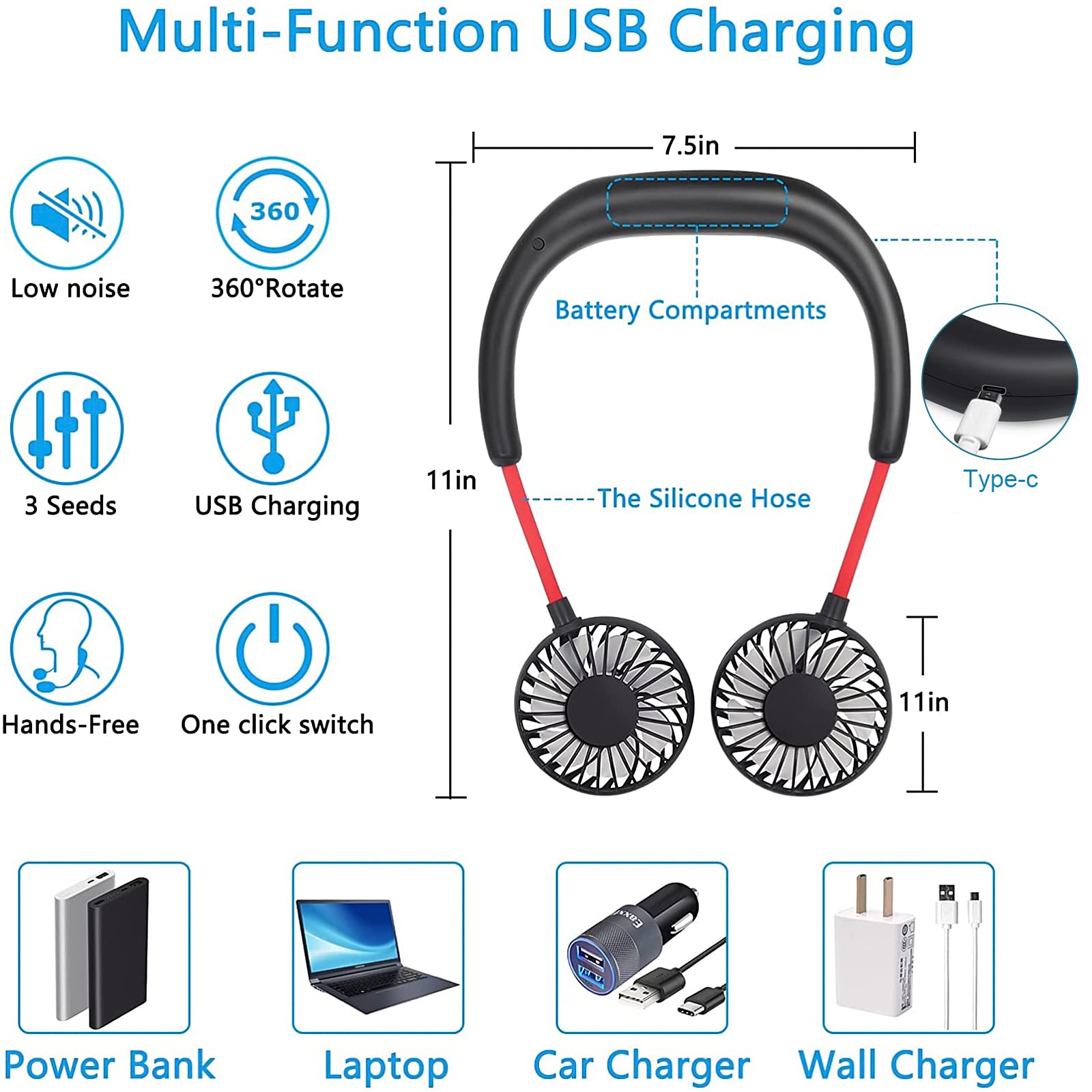 Portable Neck Fan Rechargeable Usb Hands-Free Fan Personal 360° Double Headed Free Rotation 3 Speed