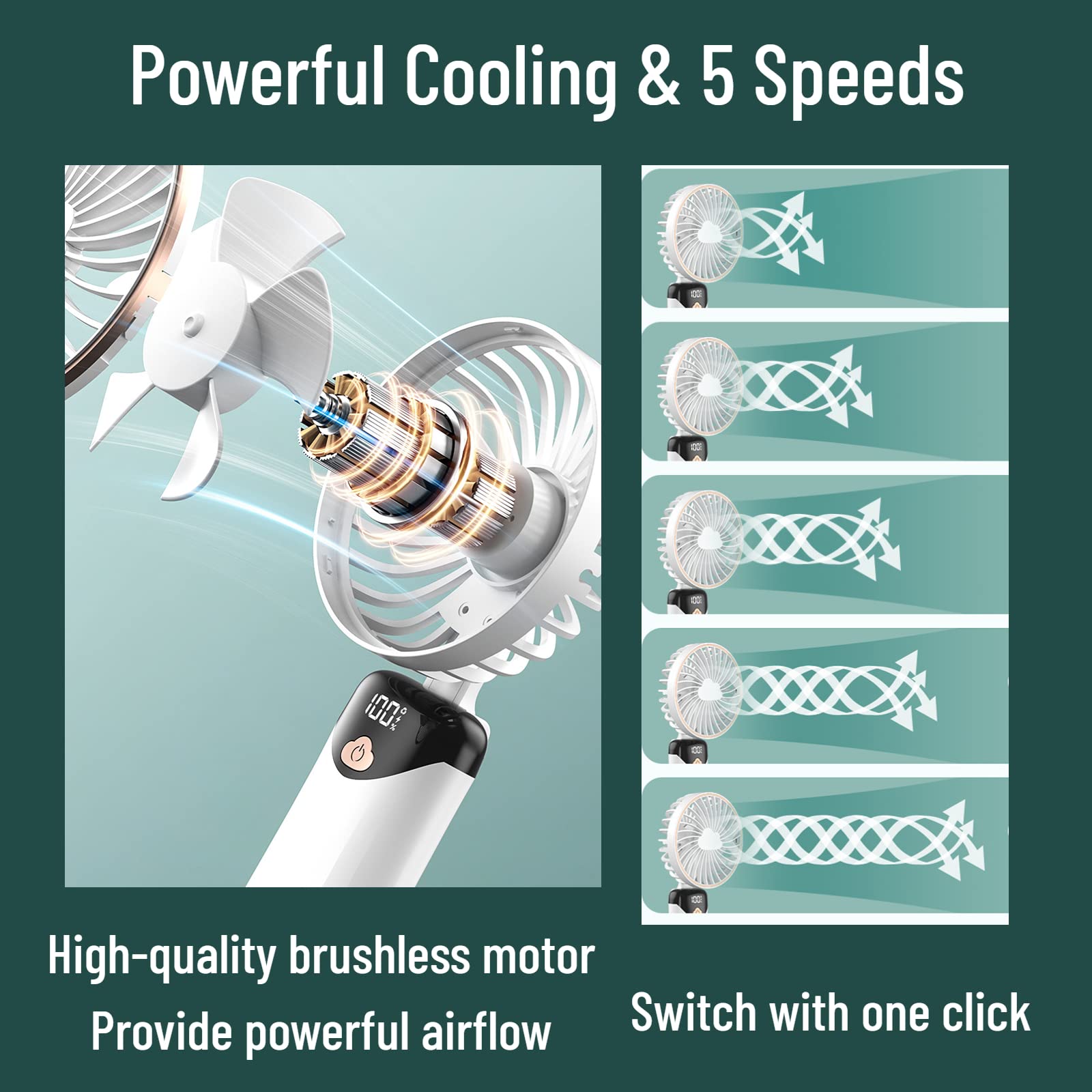 Handheld Fan Portable Multifunction Personal Fan Digital Display 5 Speed Foldable Desk Fan With Base