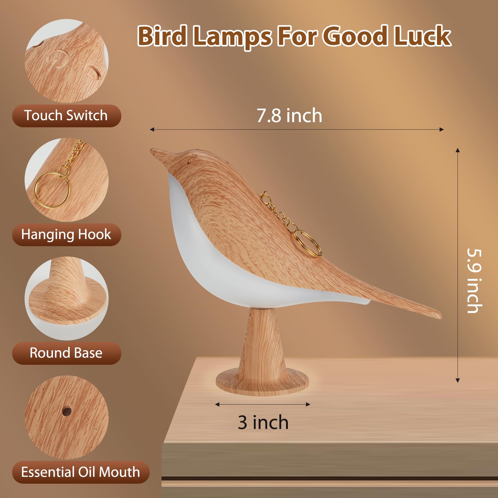 Lenporl 2 Pack Bird Led Table Lamp Touch Sensor Bedside Aroma Lamps With 3 Level Brightness Rechargered Abs Dimmable, Cute Creative Bird Night Light For Kids Nursery, Home,Office,3 Essencial Oils