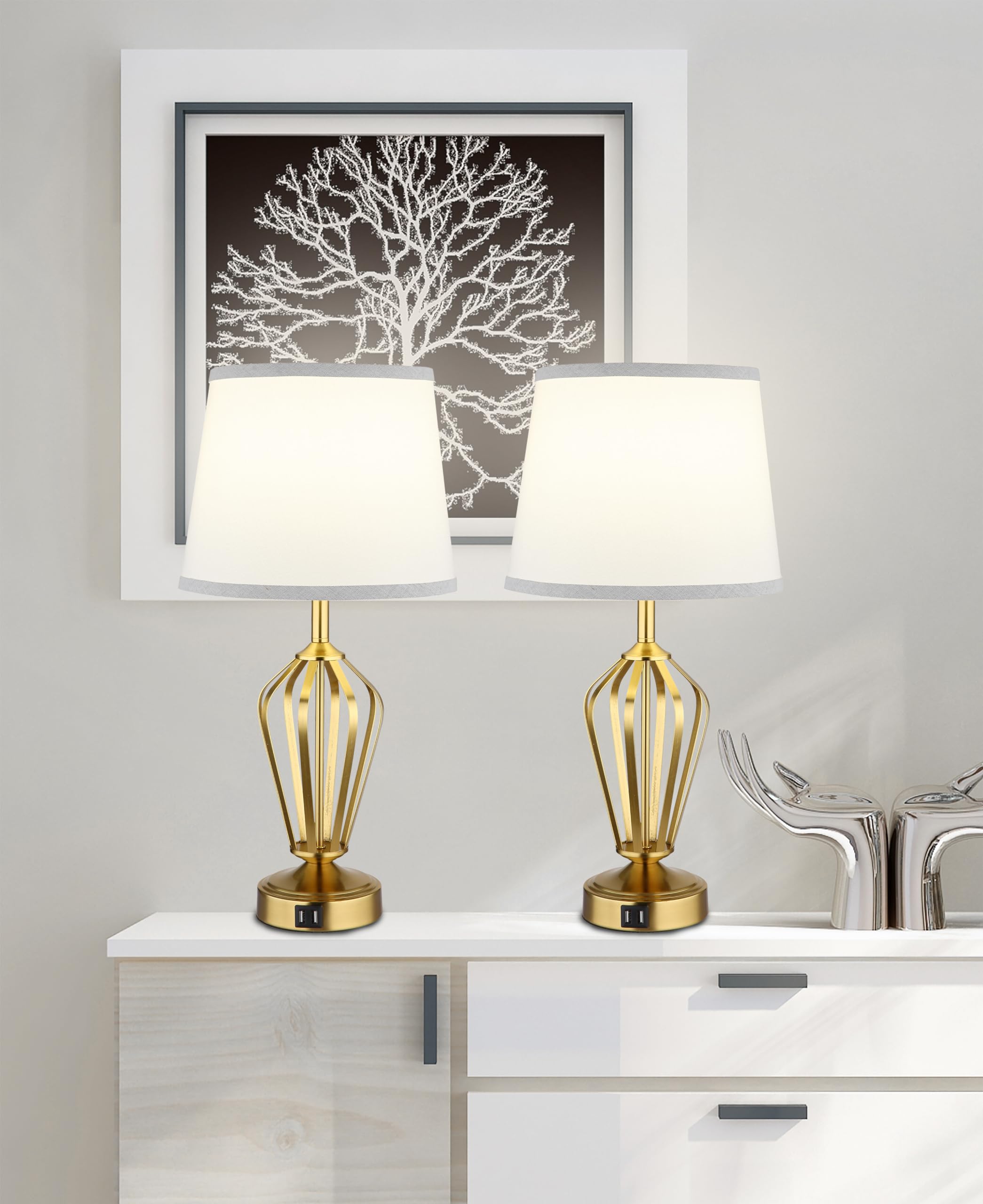 Ldeco Touch Table Lamps Set Of 2, Nightstand Lamp With Usb Ports Bedside 3 Way Touch Dimmer Desk Lamp For Living Room Bedroom,Gold Plated Spiral Cage Base Design Warm White Dimmer Bulbs Included.