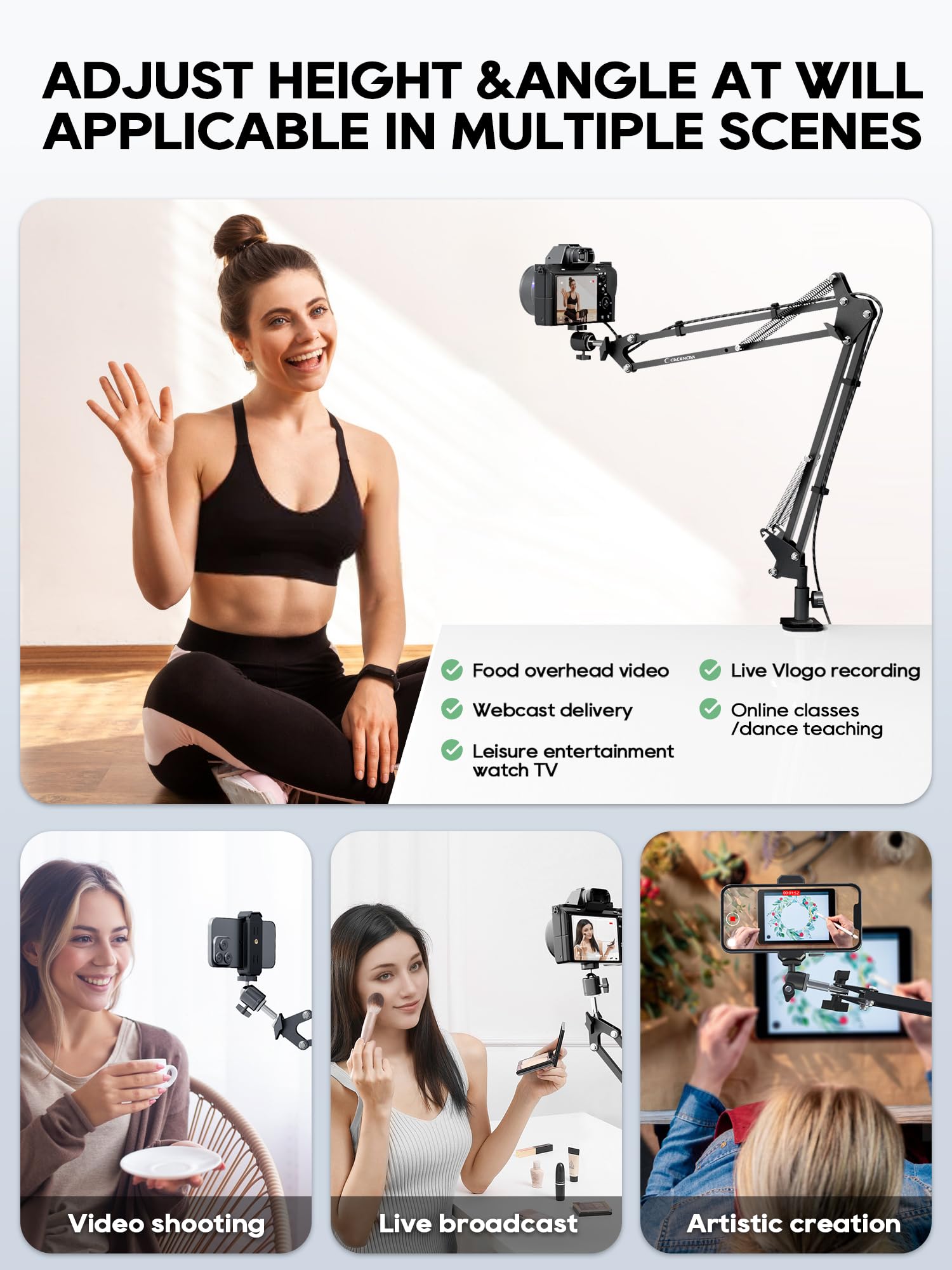 Cacencan Overhead Camera Mount, 5Lb Horizontal Load-Bearing, 360° Adjustable Stand For Desk, Flexible With Phone Clamp, Tabletop Mount For Dslr Camera/Webcam/Microphone