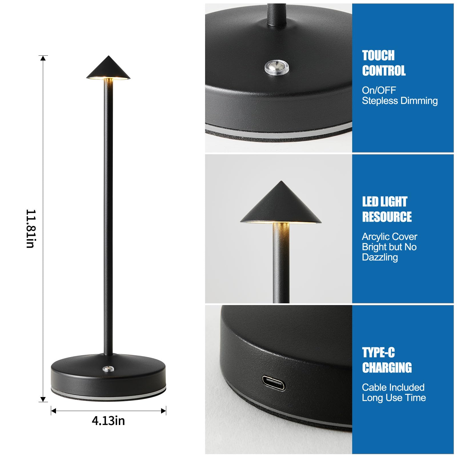 Kpshine Rechargeable Table Lamp Cordless,3000 Mah Battery Powered Lamp 2 Level Dimmable Table Lamps Mini Table Lamp In Aluminium 3000K Touch Lamp Cordless Table Lamps For Indoor & Outdoor (Black)