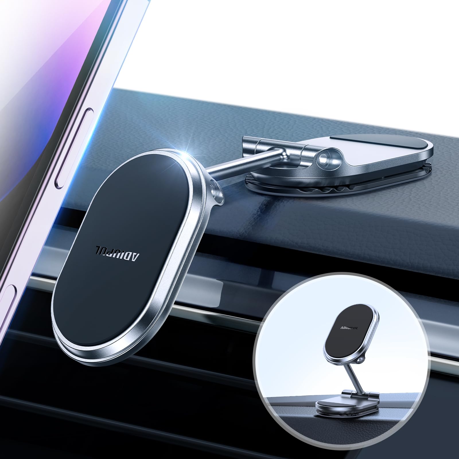 Adiupul Magnetic Phone Holder For Car Metal  6X Magnets Phone Mount Double 360° Rotation Super Sticker Phone Holder Car Mount Easy Install Suitable For Dashboard Screens Compatible With All Phone Black