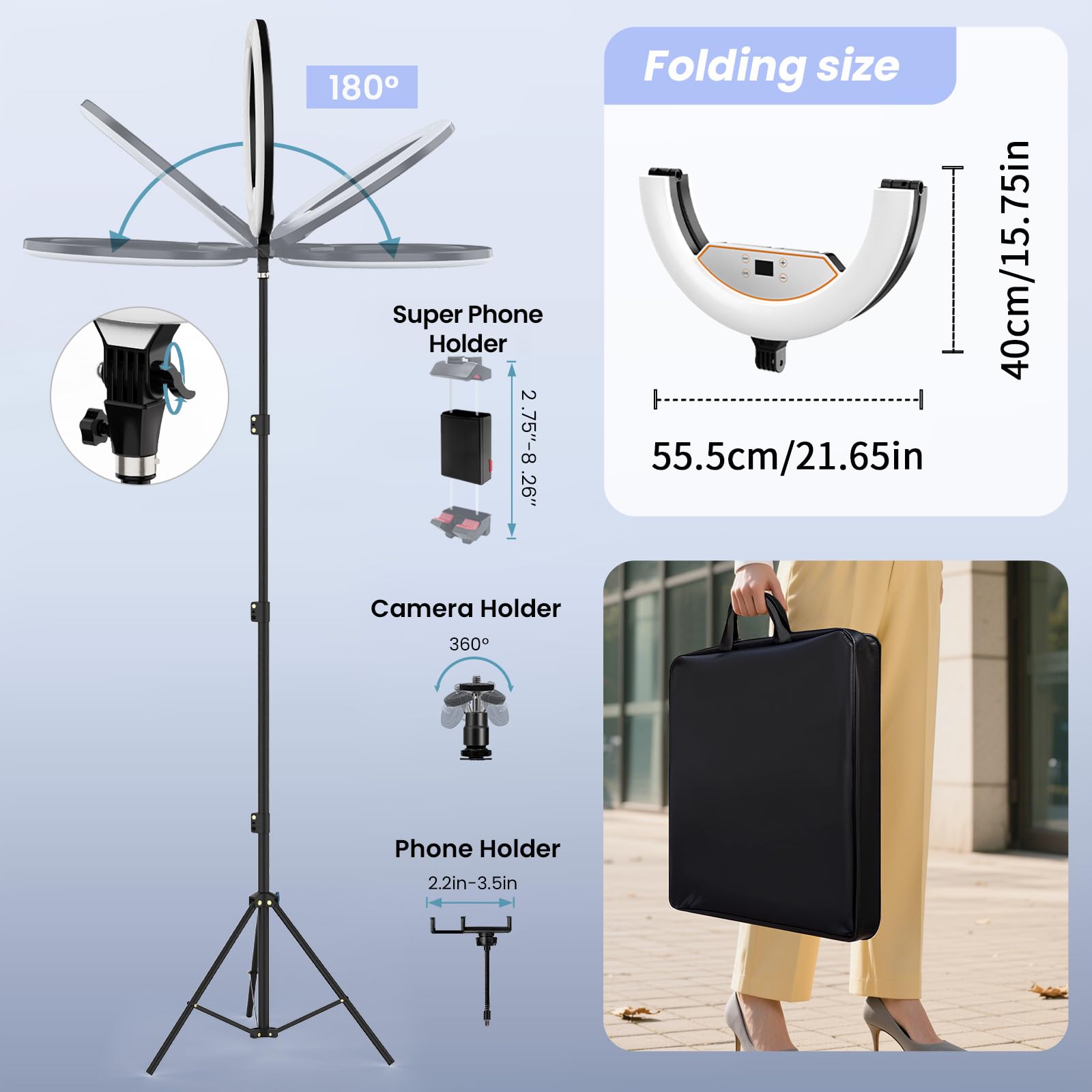 Mactrem 22" Foldable Large Ring Light With Stand For Iphone Ipad,75" Tripod With Overhead Shooting Bracket 50W 6500K 4 Clips/Lcd Display/2 Usb Portstattoo Barber Makeup Studio Video Photography Lighting