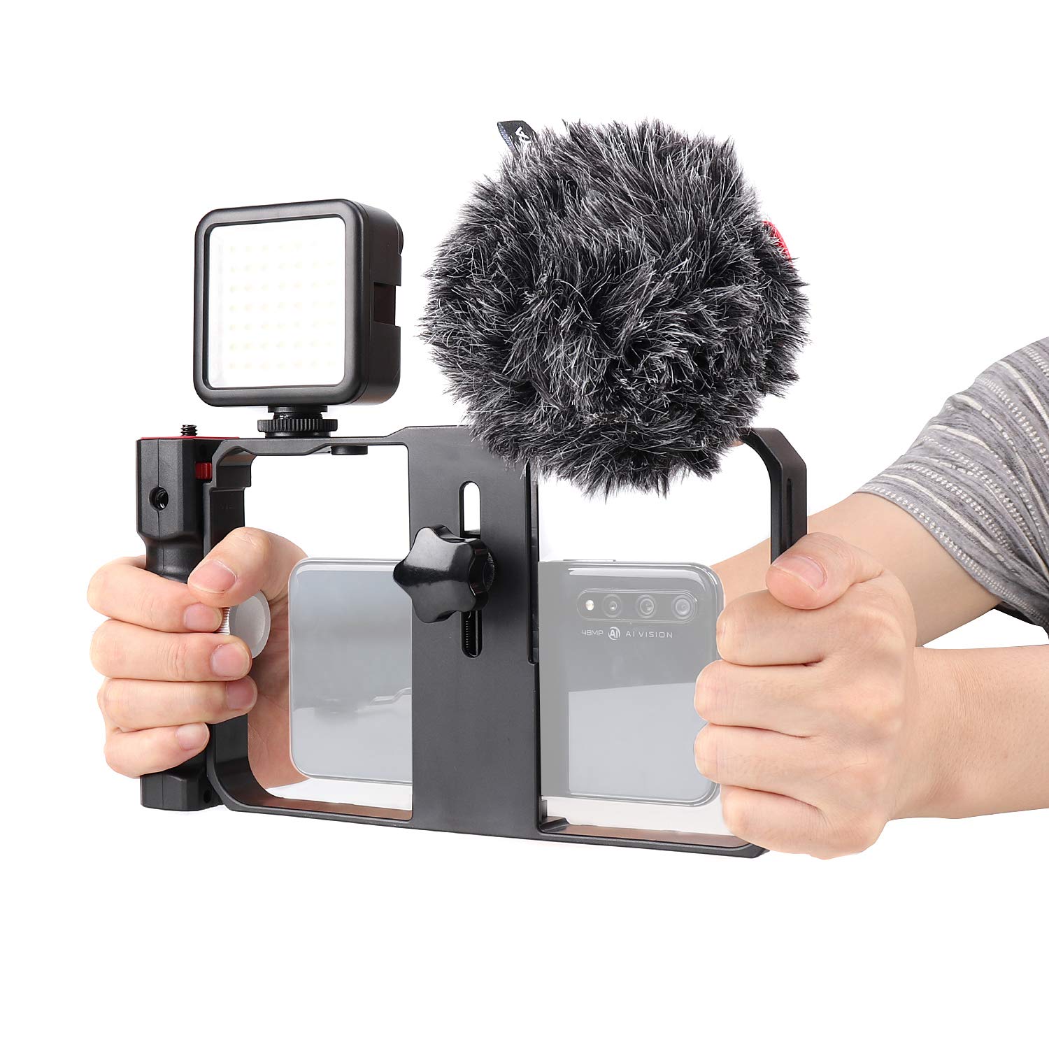 Focusfoto Smartphone Video Rig Camera Cage Mount Holder Stabilizer (Removable Handle Grip Version) With By-Mm1 Microphone Mic + 49 Led Light Kit For Mobile Phone Iphone Filmmaking Videomaker