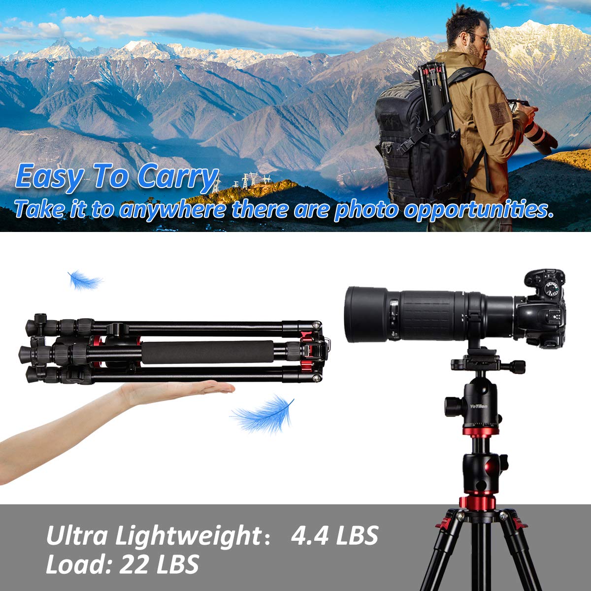 Yotilon Camera Tripod, 76’’Professional Horizontal Aluminum Alloy Tripod For Dslr With 360 Degree Ball Head Quick Release Plate, Bubble Fluid Level,Handle And Bag Travel For Canon Sony Dslr Cameras