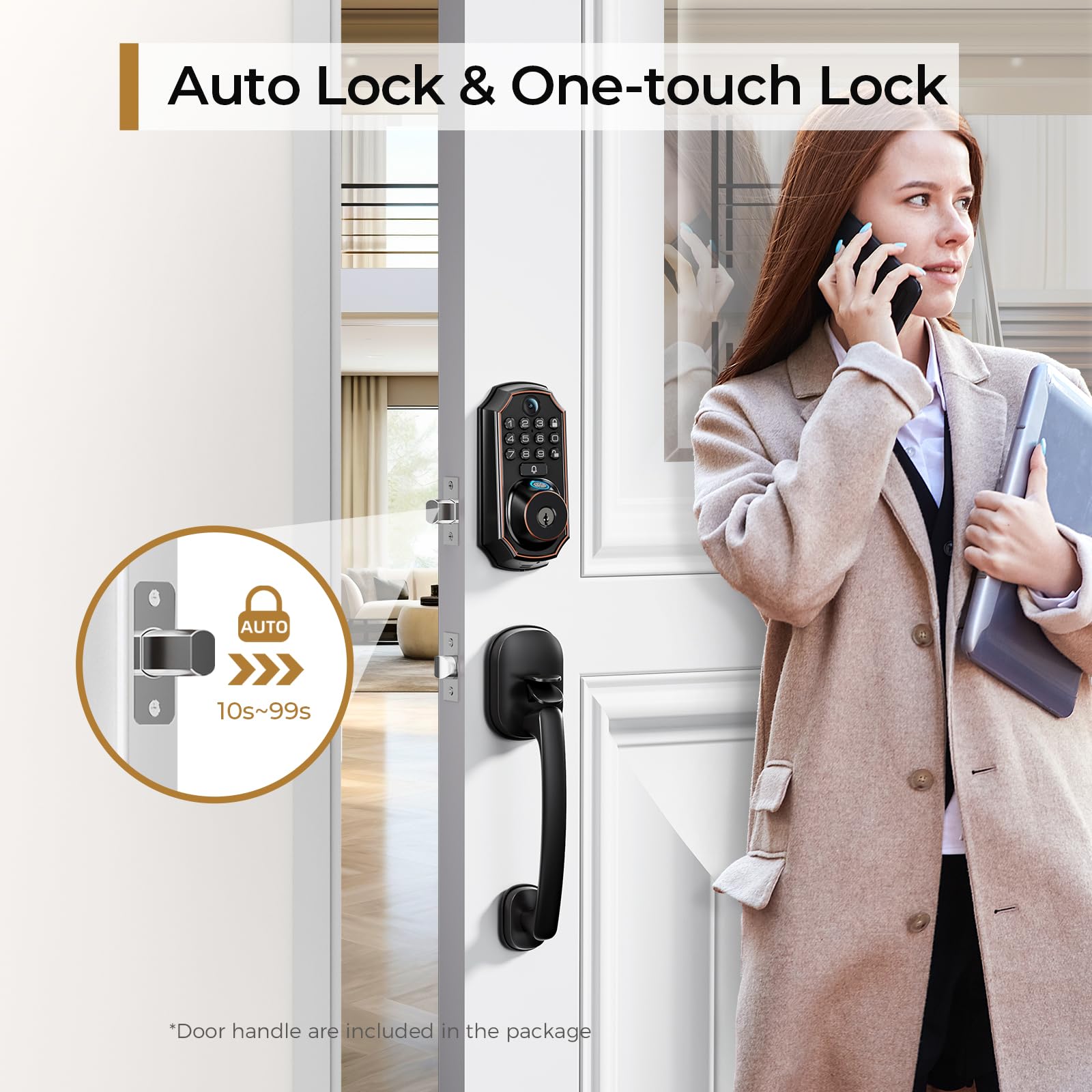Arpha Keyless Entry Deadbolt With Handle Set - Wifi Smart Lock With Camera, 5-In-1 Camera+Doorbell+Fingerprint+Keypad, App Control, Auto Lock, Easy Install, Waterproof For Front Door
