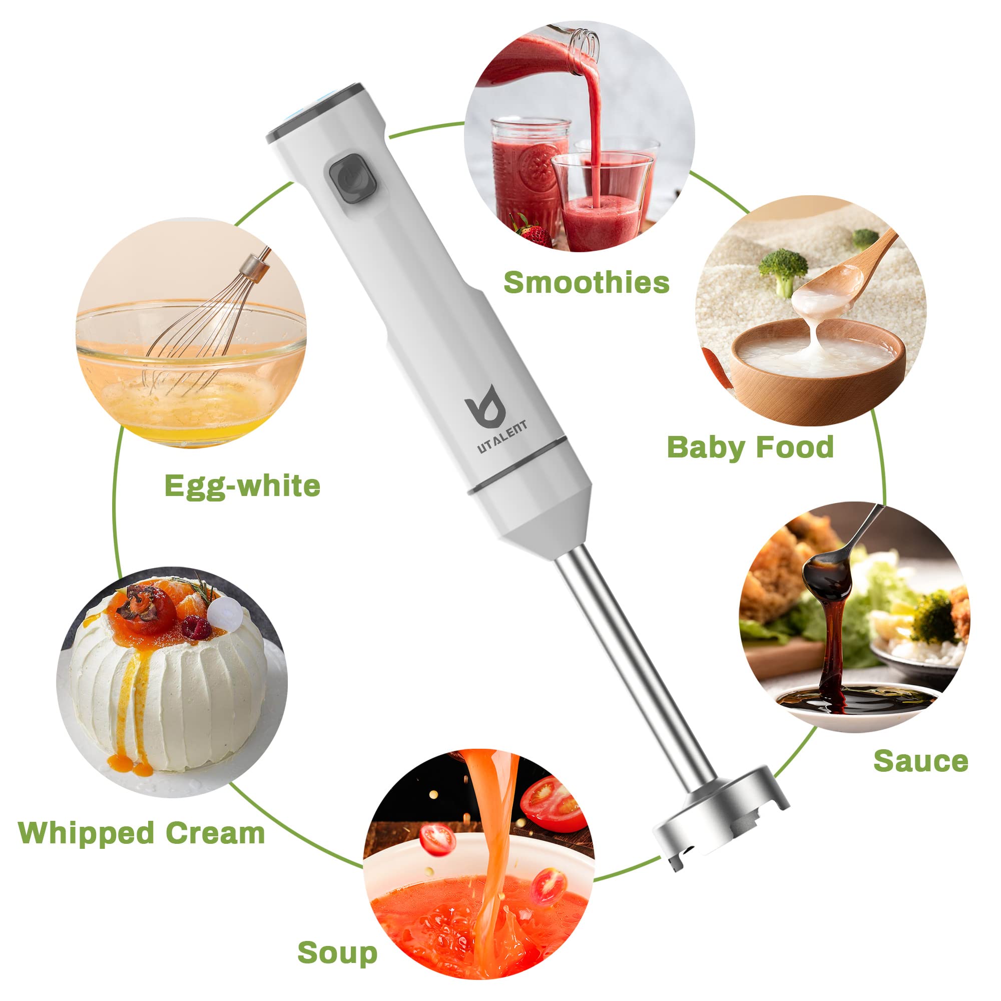 Utalent Cordless Hand Blender, Variable Speed Immersion Blender Rechargeable, With 500Ml Chopper, 600Ml Container, Egg Whisk, For Smoothies, Baby Food And Soups – White