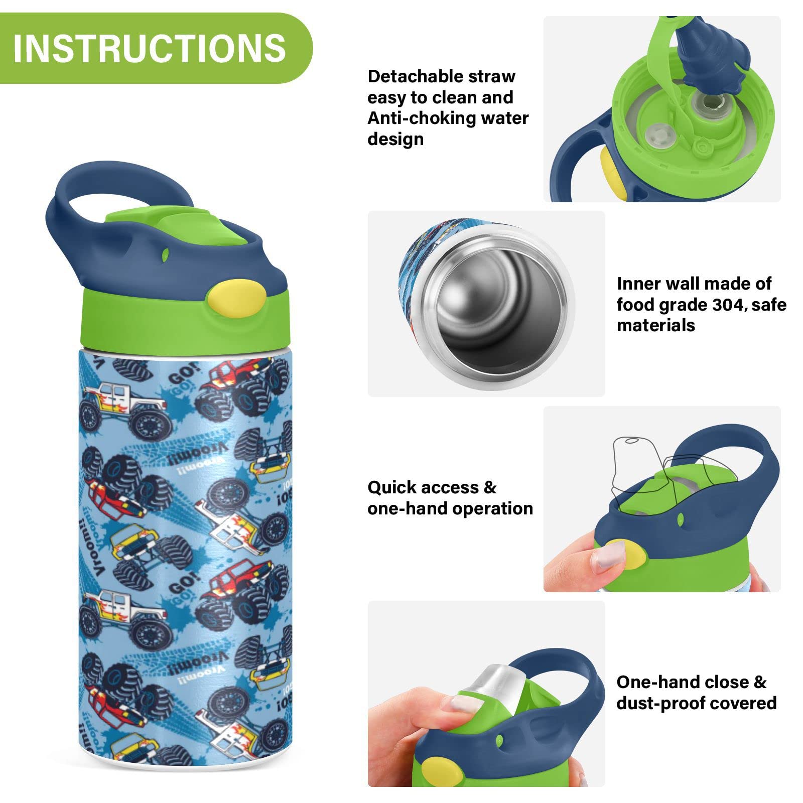 Boccsty Monster Truck Cars Seamless Pattern Kids Water Bottle With Straw Lid Insulated Stainless