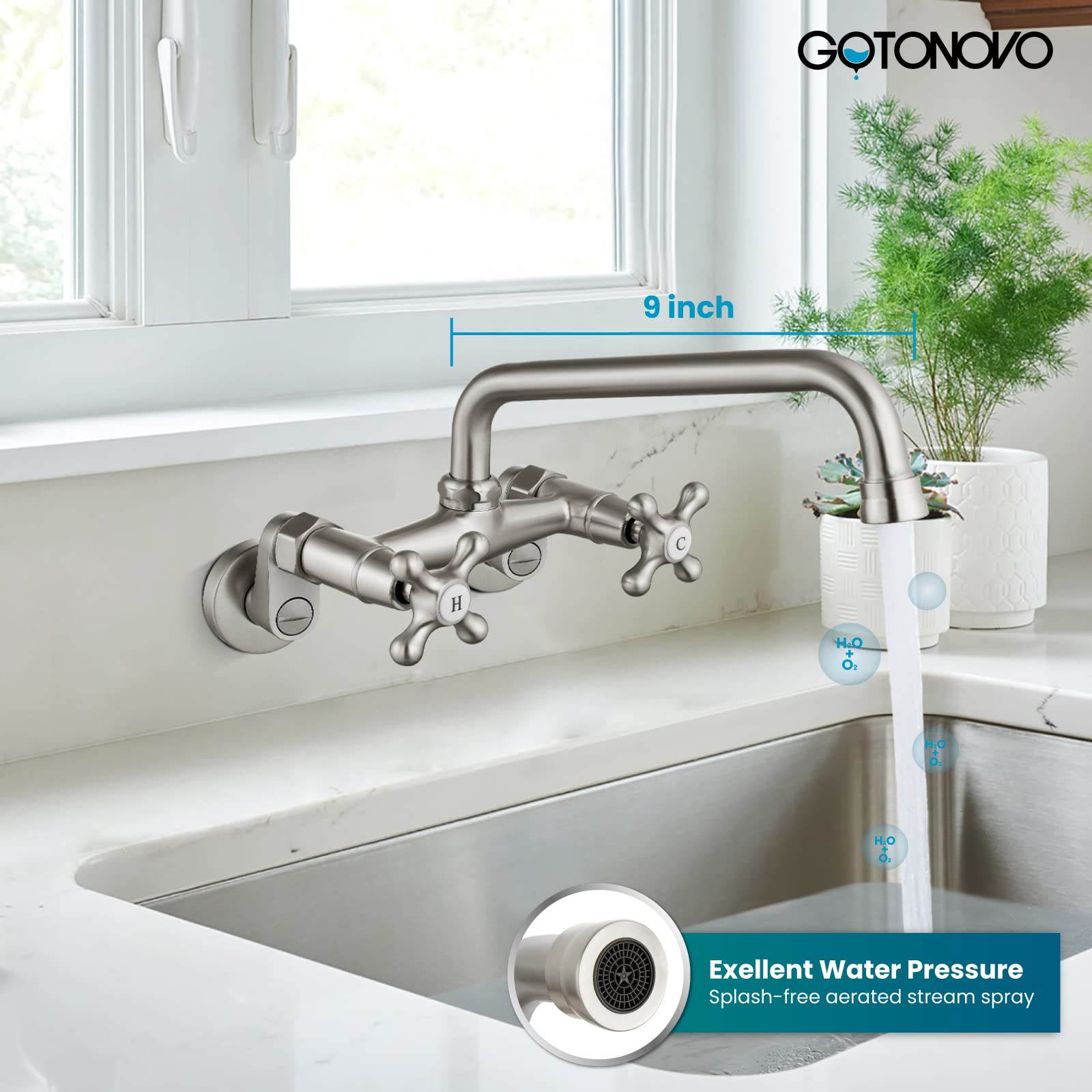 Gotonovo Wall Mount Kitchen Faucet Brushed Nickel Double Cross Handle Commercial 3 Inch To 9 Inch Adjustable Spread Mixer Tap With 9 Inch Spout Reach