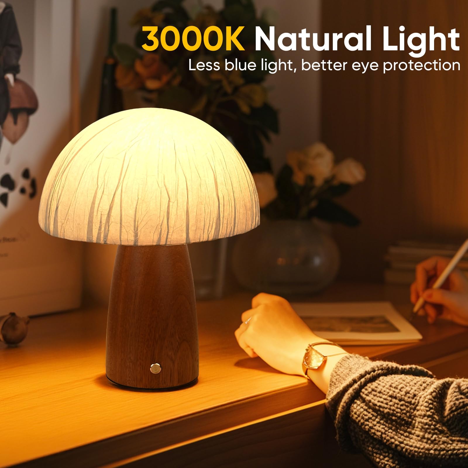 Moiandtoi Wood Mushroom Table Lamp, Led Small Bedside Touch Lamp, Rechargeable Portable Cordless Battery Operated Lamps For Night Stands Living Room, Bedroom,Office, Night Light For Birthday