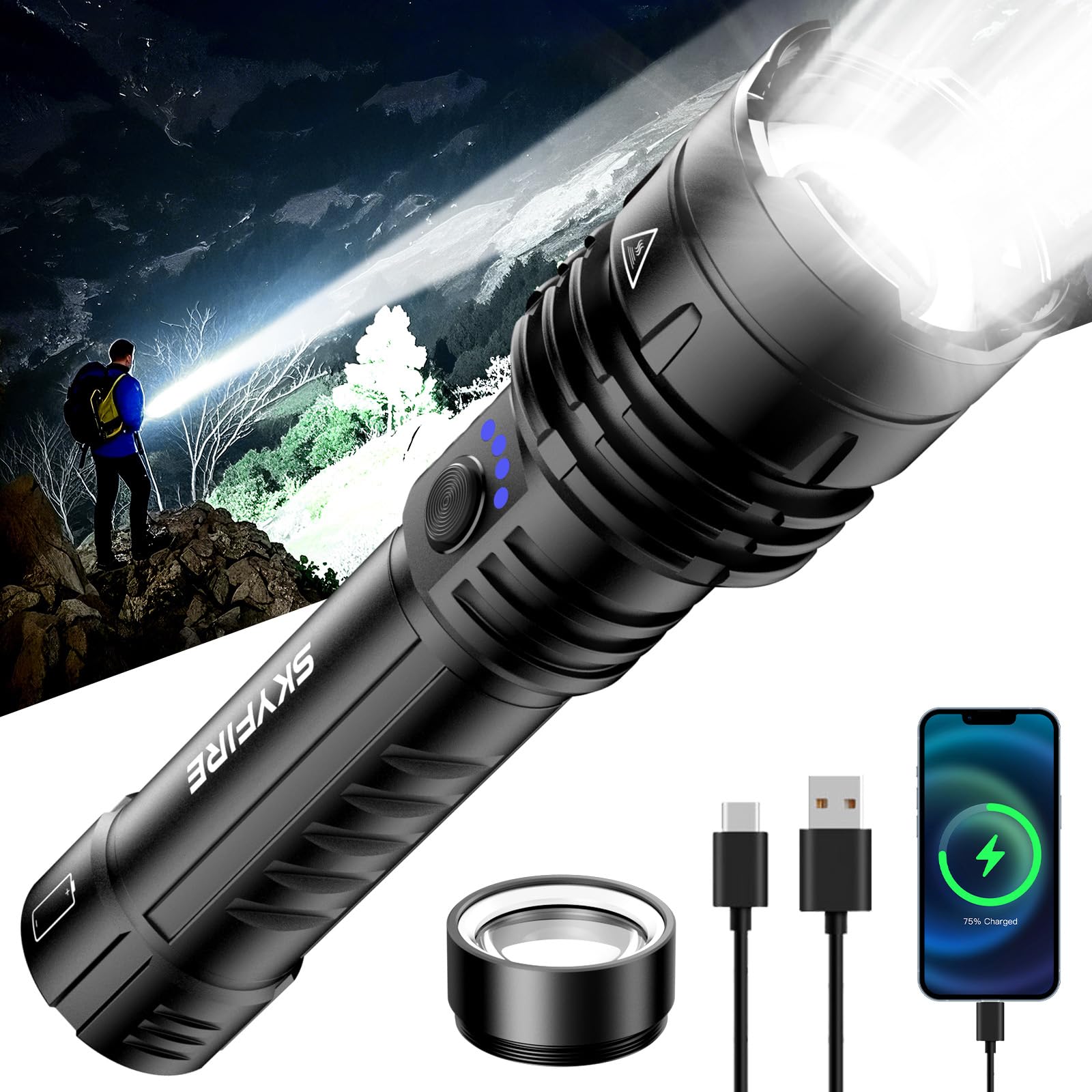 Skyfire Rechargeable Flashlights 1000000 High Lumens With Ignition Lens, Led Super Bright Zoomable Flash Light, 5 Modes Waterproof Handheld Powerful Utility Flashlight For Emergency Camping Hiking