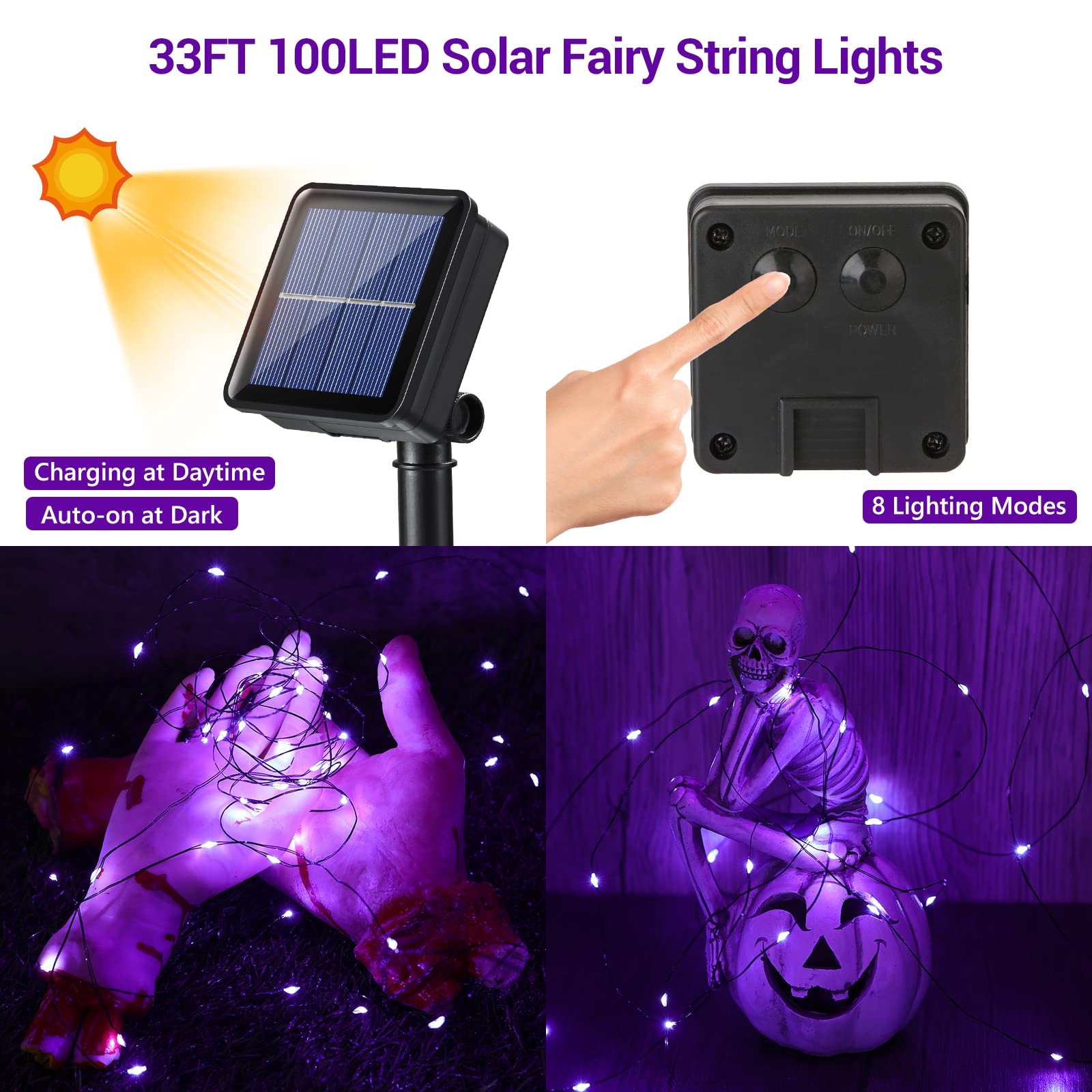 Lomotech 2 Pack Solar Halloween Lights, Total 66Ft 200Led Purple Halloween Fairy Lights Waterproof 8 Modes Twinkle Lights Outdoor For Halloween Party Diy Decoration Black Wire