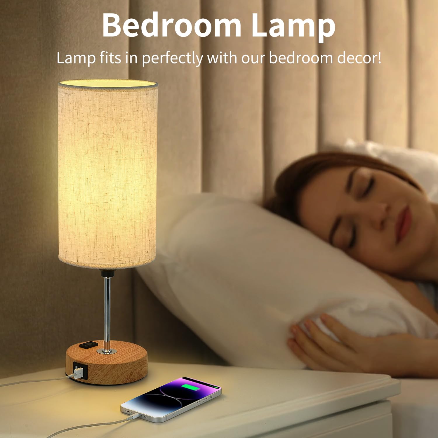 Xiaobei Bedside Table Lamp With Usb C Port - Touch Control For Bedroom Wood 3 Way Dimmable Nightstand Lamp With Round Flaxen Fabric Shade For Living Room, Dorm, Home Office, Led Bulb Included