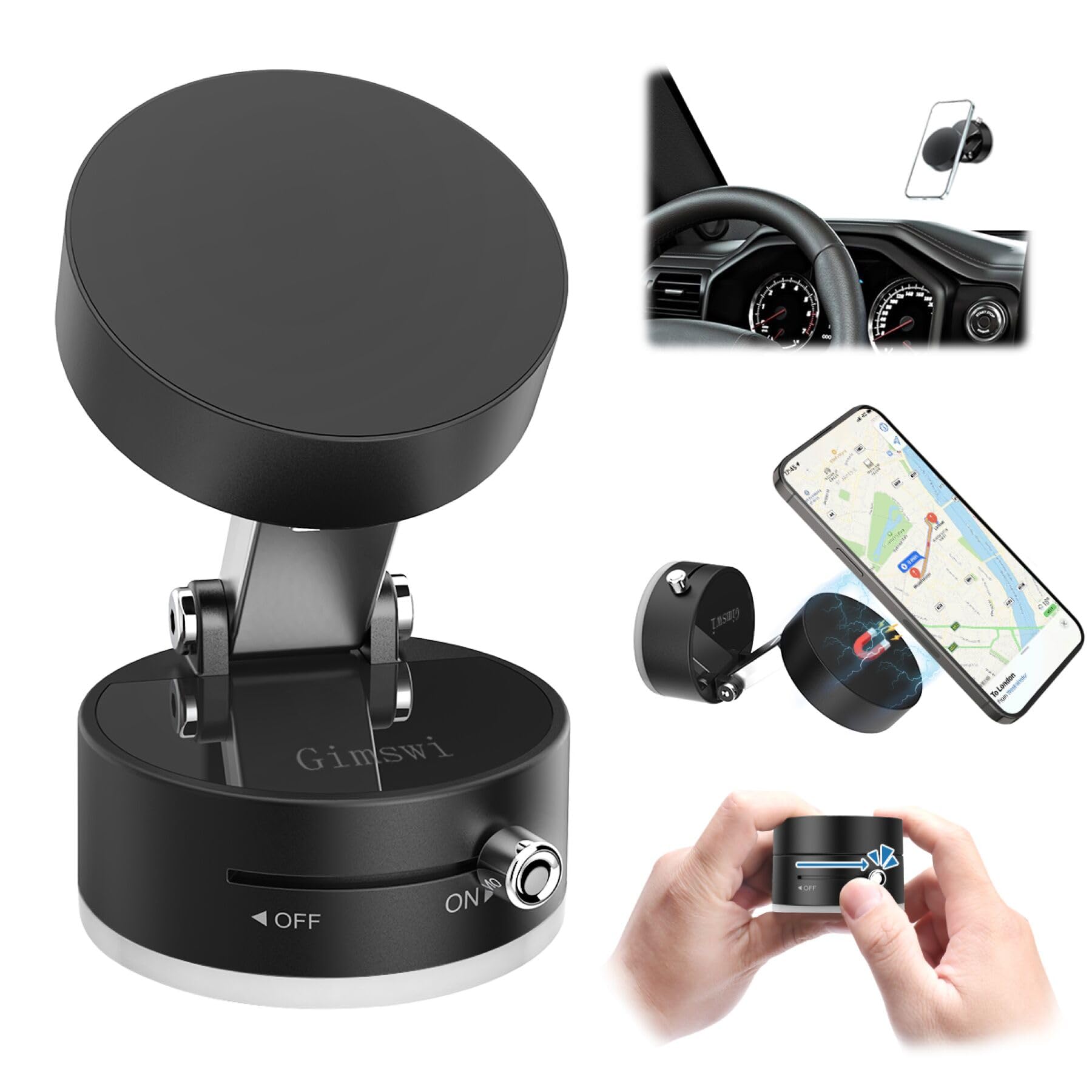 Gimswi Vacuum Magnetic Phone Holder With Metal Ring Compatible With Iphone Samsung All Phone, Portable Universal Collapsible Magnetic Phone Stand For Gym Car Mount With Windshield Suction Cup