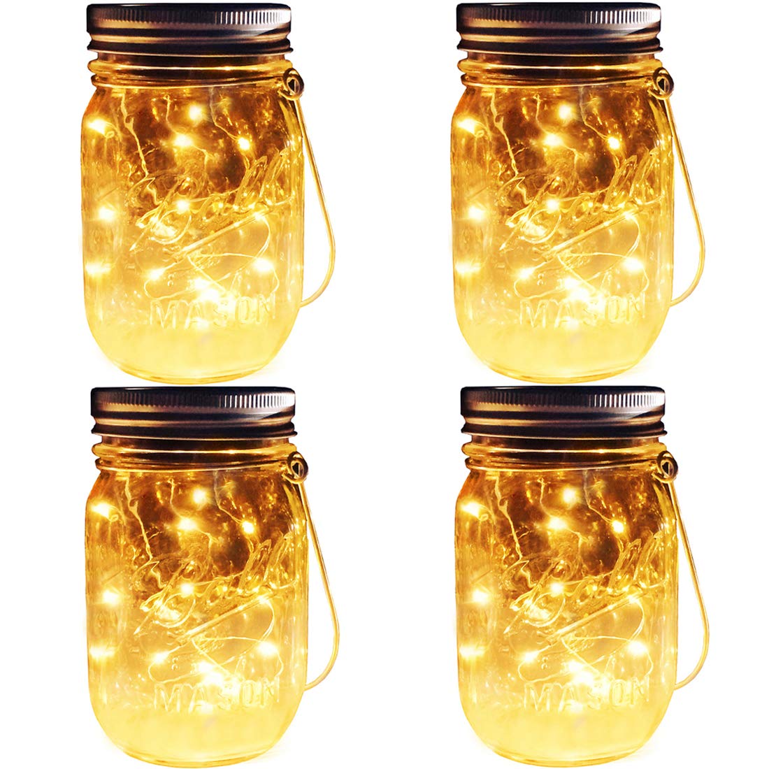 Aubasic Solar Mason Jar Lights, 4 Pack 30 Leds Waterproof Fairy Firefly String Lights Build-In Glass Mason Jar, Patio Garden Decor Solar Hanging Lanterns Outdoor Warm White (4 Pack-Mason Jars Included)