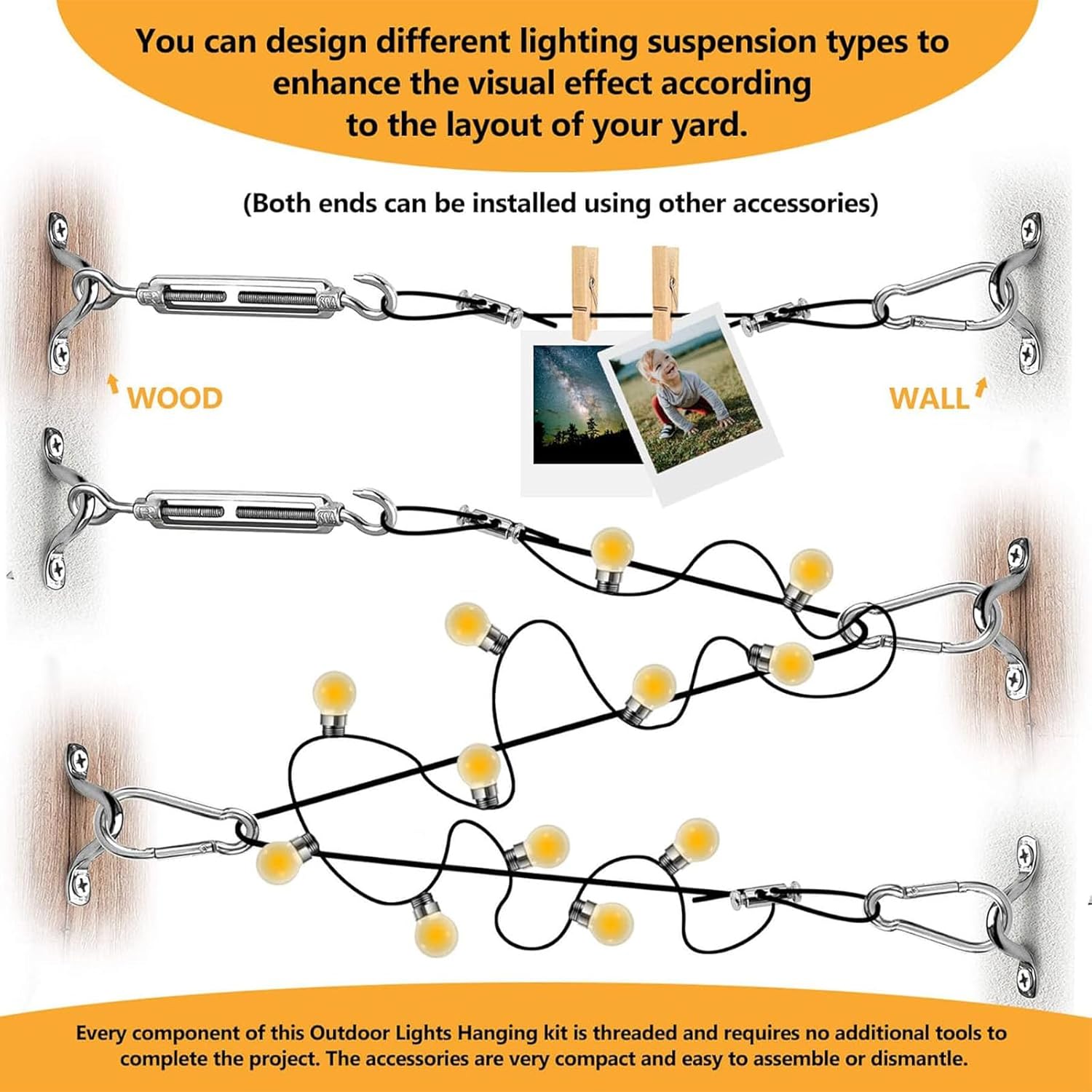 Re Reliure String Lights Hanging Kit,String Light Poles,Tension Wire For String Lights,String Light Kit Includ 164 Ft Nylon-Coated Stainless Steel Wire Rope Cable,Turnbuckle And Hook,Enough Accessorie