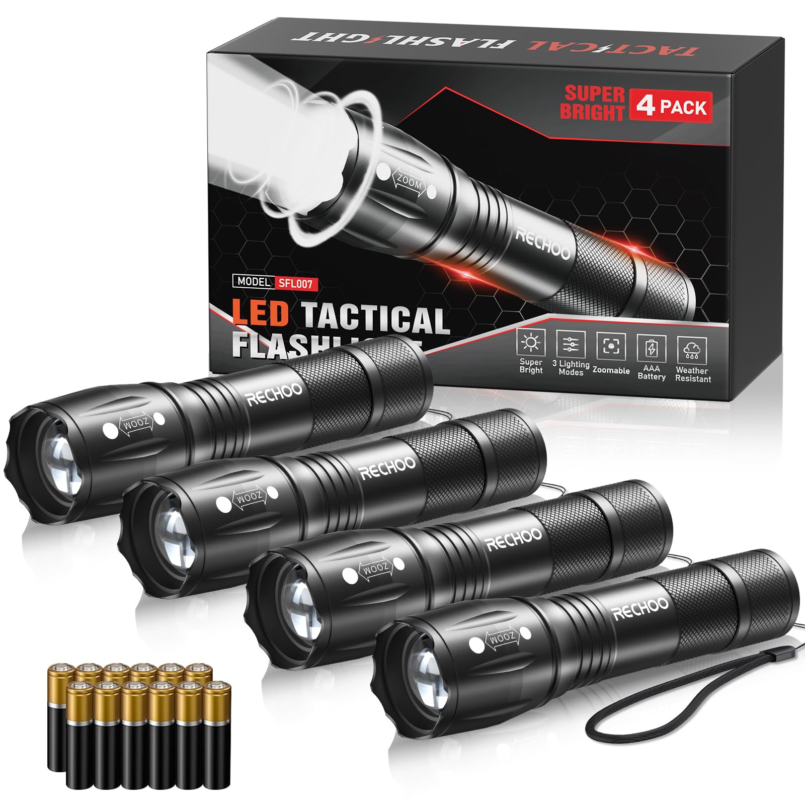 Rechoo Led Flashlights High Lumens 4 Pack, Powerful Utility Flashlight With 3 Modes, Pocket Small Flash Light, Waterproof Zoomable Flashlights For Home Emergencies, Camping Essentials (Battery Included)