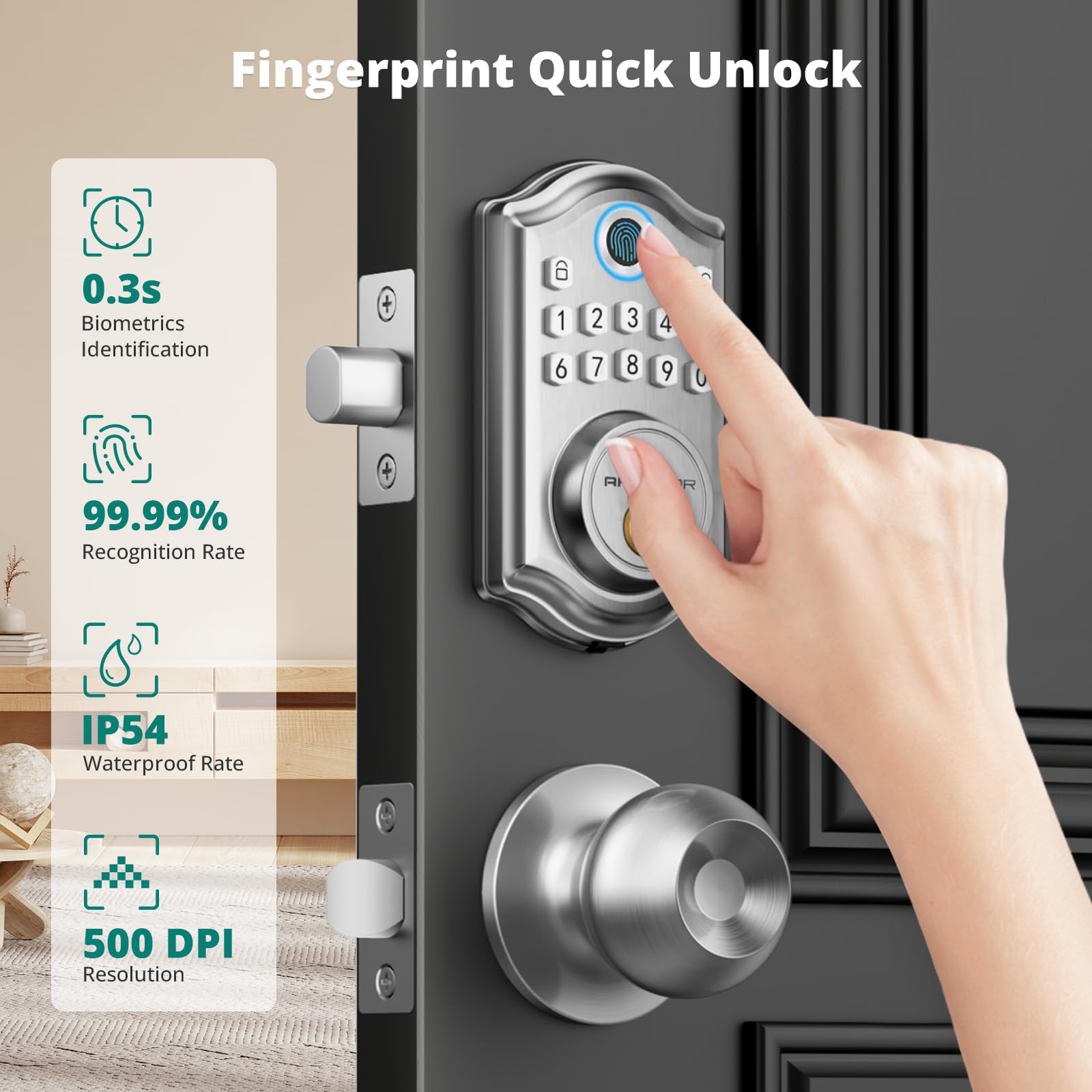 Akagear Keyless Entry Door Lock With Door Knob Handle, Fingerprint Door Locks, Electronic Smart Deadbolt, Keypad Door Lock With Code, Smart Locks For Front Doors, Auto-Lock & One Touch Locking