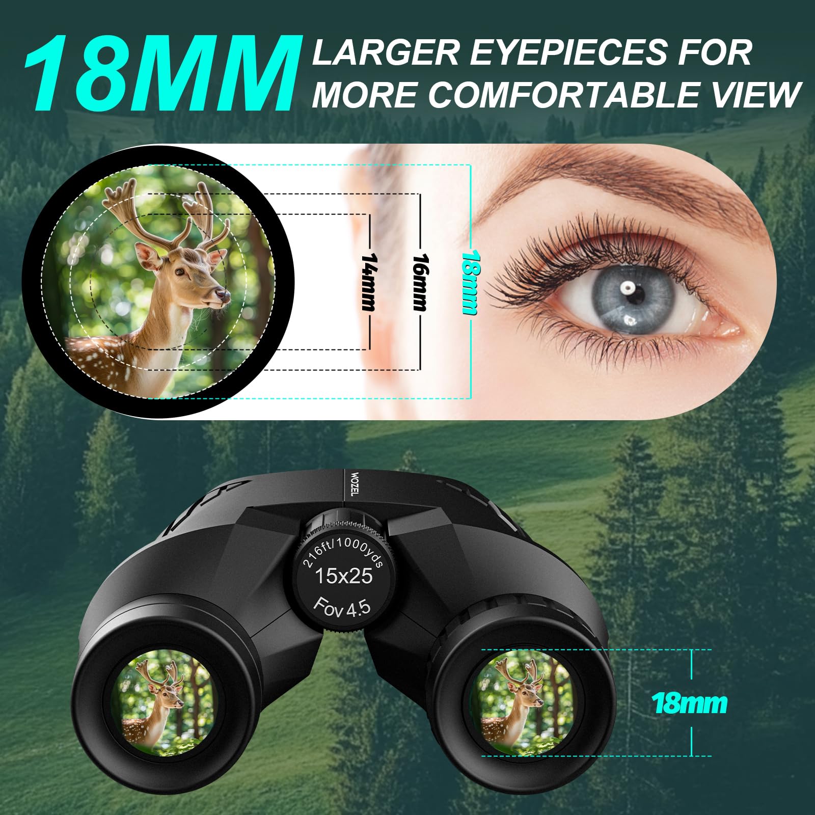 Wozel Compact Binoculars - 15X25 High Powered, Clear & Bright Vision For Adults, Bird Watching, Hiking, Hunting, Travel