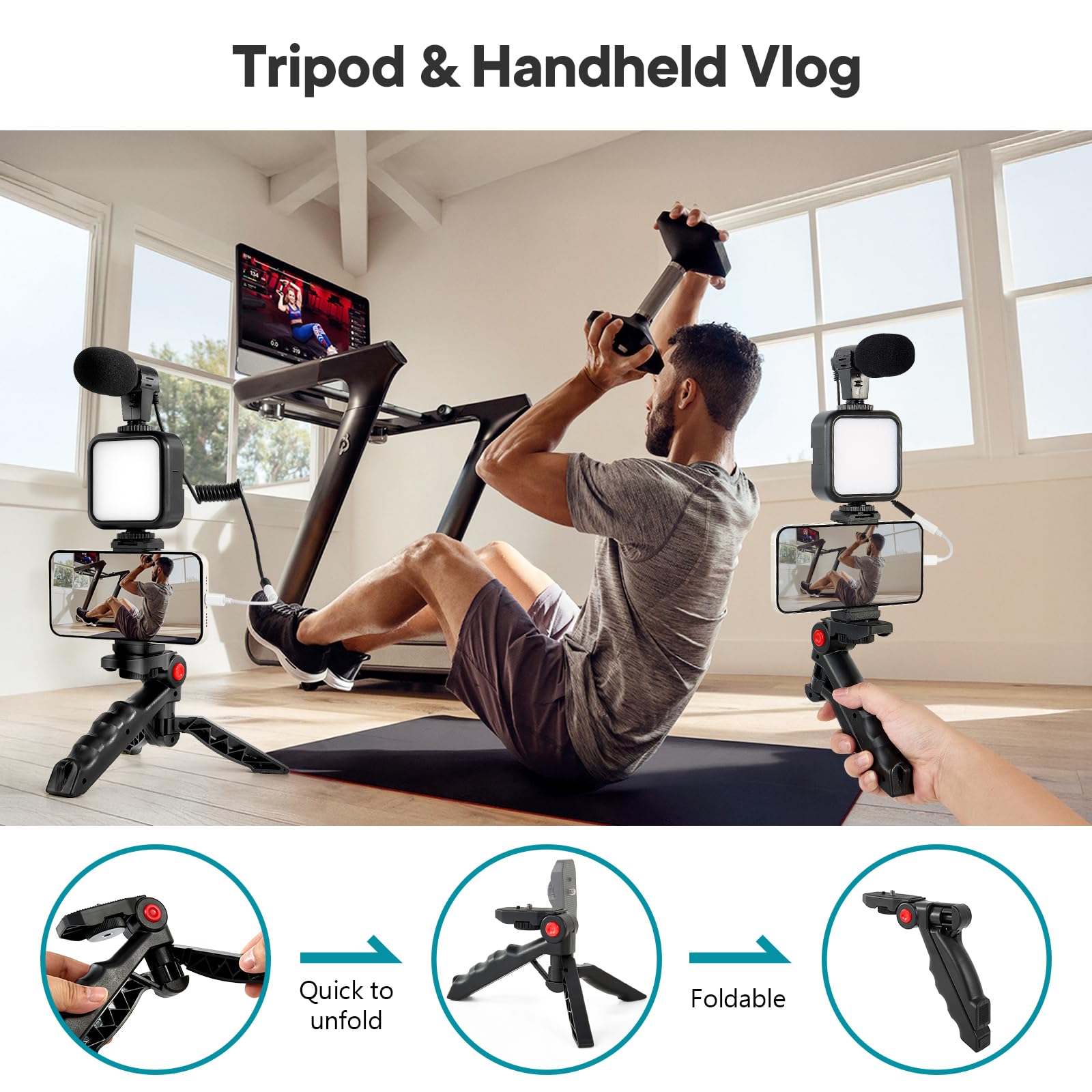 Kalofaye Vlogging Kit For Iphone, Android (With Tripod), With Mini Led Video Light + Cardioid Microphone + Phone Clip + Tripod For Video Calling, Vlogging, Youtube, Instagram, Tiktok