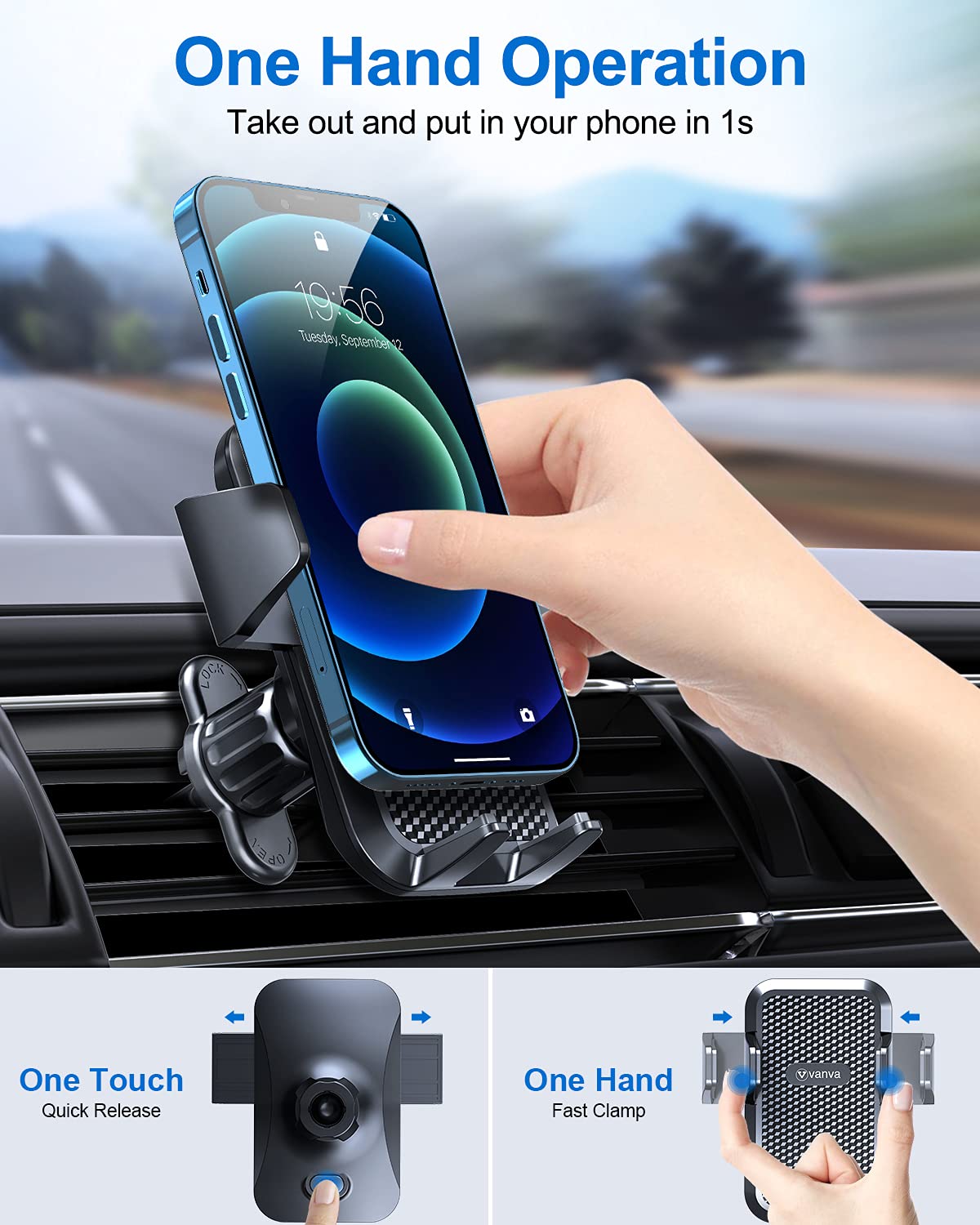 Vanva Universal Air Vent Car Mount, [ Big Phones & Thick Case Friendly ] Cell Phone Holder For Car Hands  Clamp Cradle Vehicle Fit For All Apple (B2)