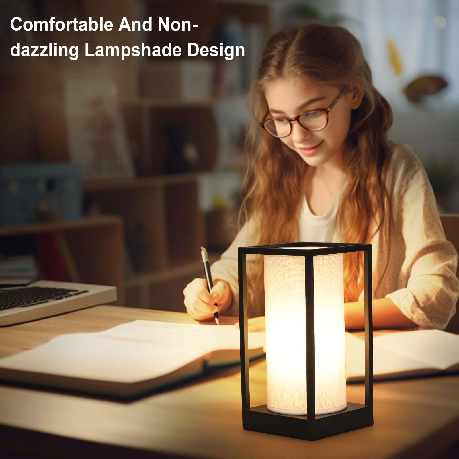 Jobtical Touch Small Table Lamp For Bedroom,Square Boho Desk Lamp For Nightstand With Fabric Linen Shade,3-Way Dimmable Reading Bedside Table Lamp With Usb Charging Port For Living Room,Office