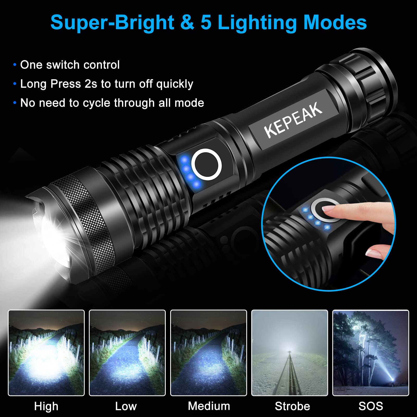Kepeak Rechargeable Flashlights High Lumens, Super Bright Led Flashlight, Tactical Flashlights 5000 Lumens, Zoomable, 5 Modes, Waterproof, Handheld Flash Light For Camping, Hiking, Emergency