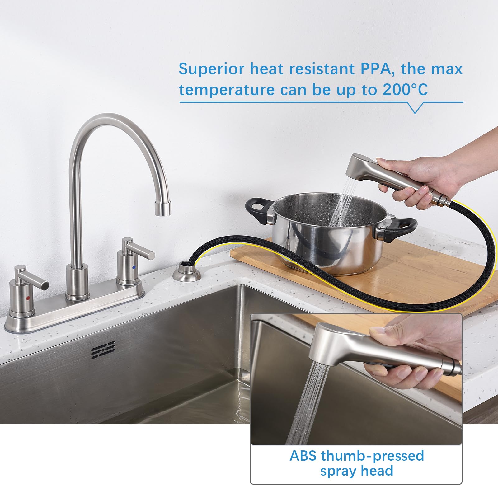 Arrisea 2 Handle Kitchen Sink Faucet With Side Sprayer, Two Handle 4 Holes 8 Inch Centerset Kitchen Faucets With 24 Inch Pull-Out Side Sprayer, Brushed Nickel Stainless Steel High Arc Kitchen Tap