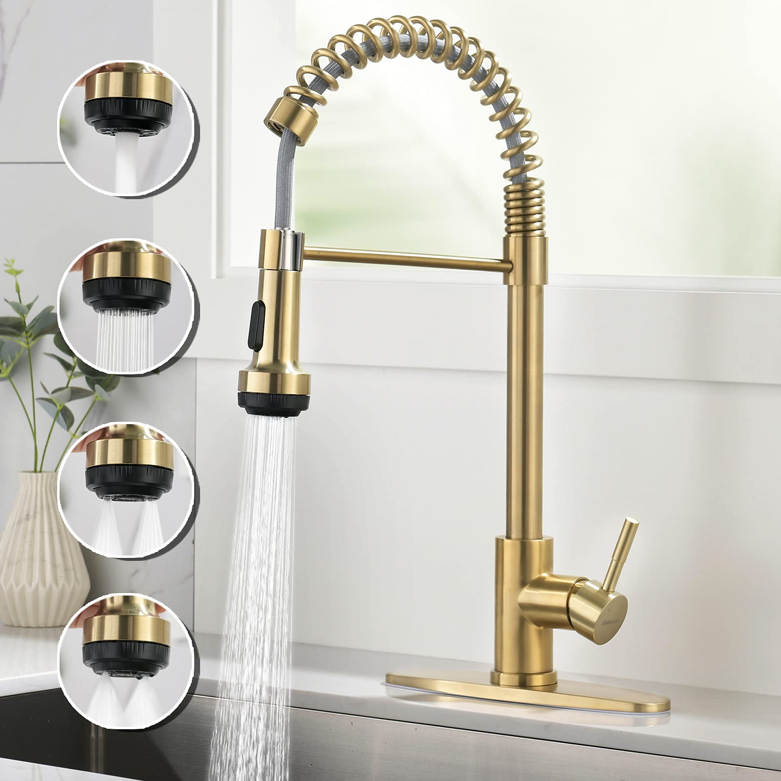 Rainovo Kitchen Faucet With 4 Mode Pull Down Sprayer Brushed Gold, Spring Kitchen Sink Faucet Stainless Steel With Deck Plate, Single Handle Faucets High Arc Modern With Pull Out Sprayer