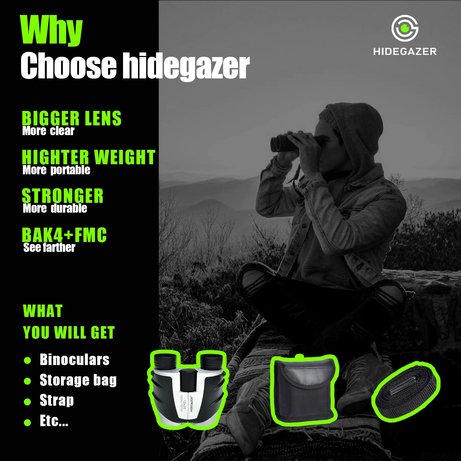 Hidegazer 12X25 High Powered Binoculars For Adults And Kids - Compact, Lightweight, Easy Focus, Perfect For Travel, Hunting, Camping, Outdoor Sports