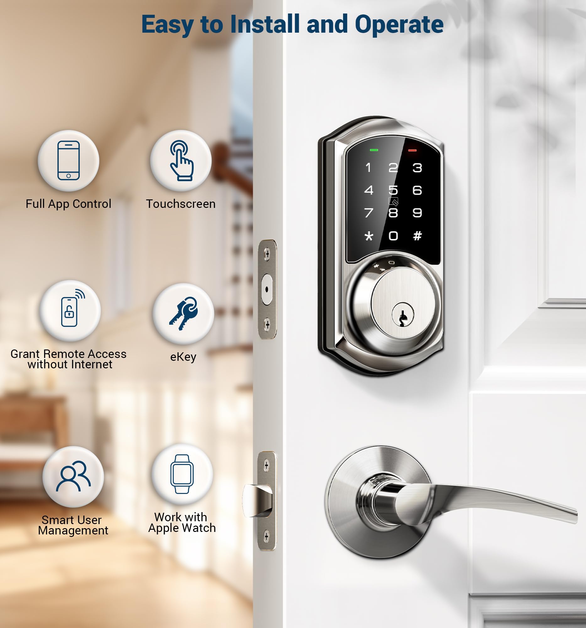 Veise Ve06 Smart Deadbolt With App Control, Keyless Entry Smart Lock For Front Door, Electronic Digital Door Lock With Code, Easy Install, Satin Nickel