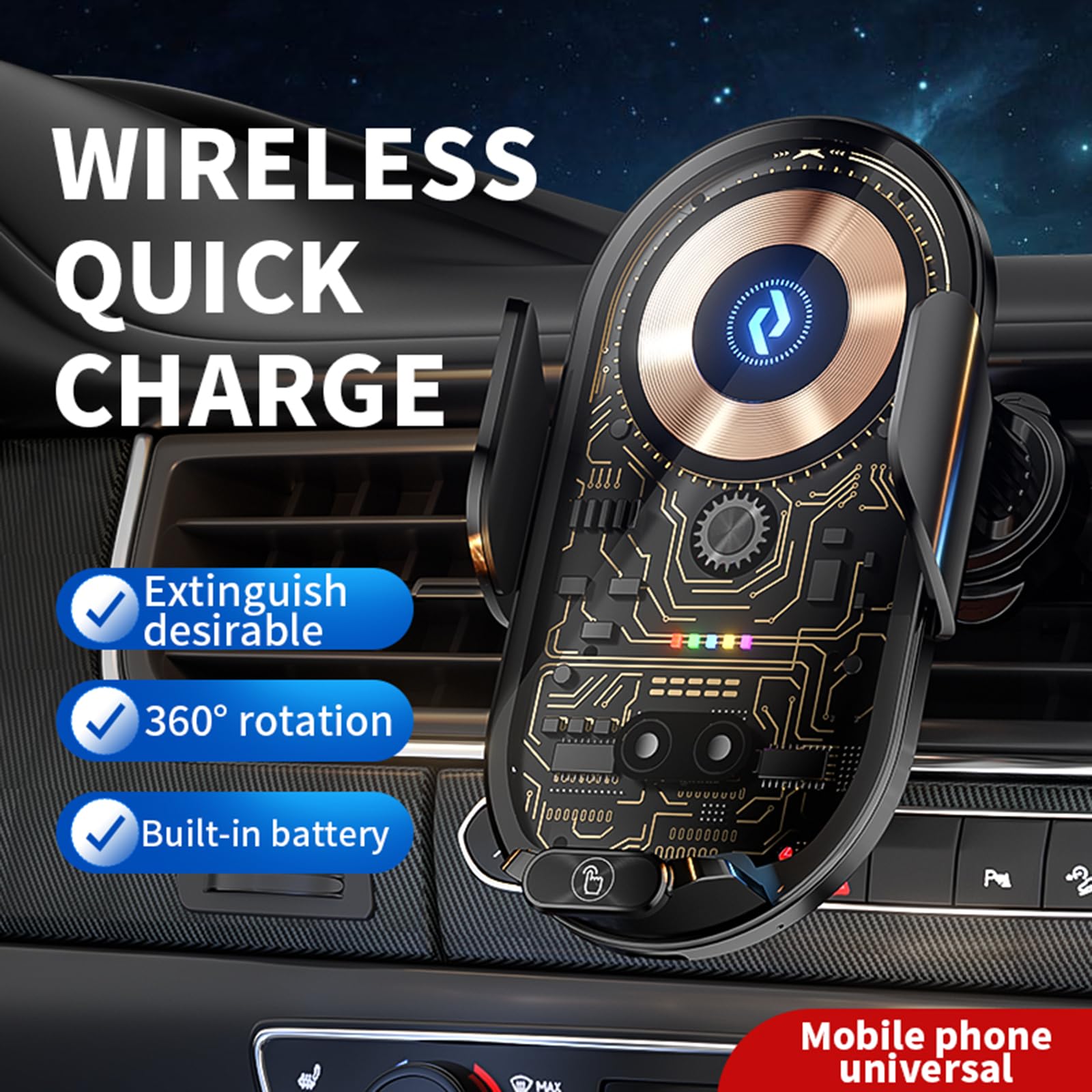 Lfnown Wireless Car Charger Car Phone Holder Mount Wireless Charging Transparent Compatible Charging Air Vent Mount Phone Holder Fit For All Android Smartphone(Gold)