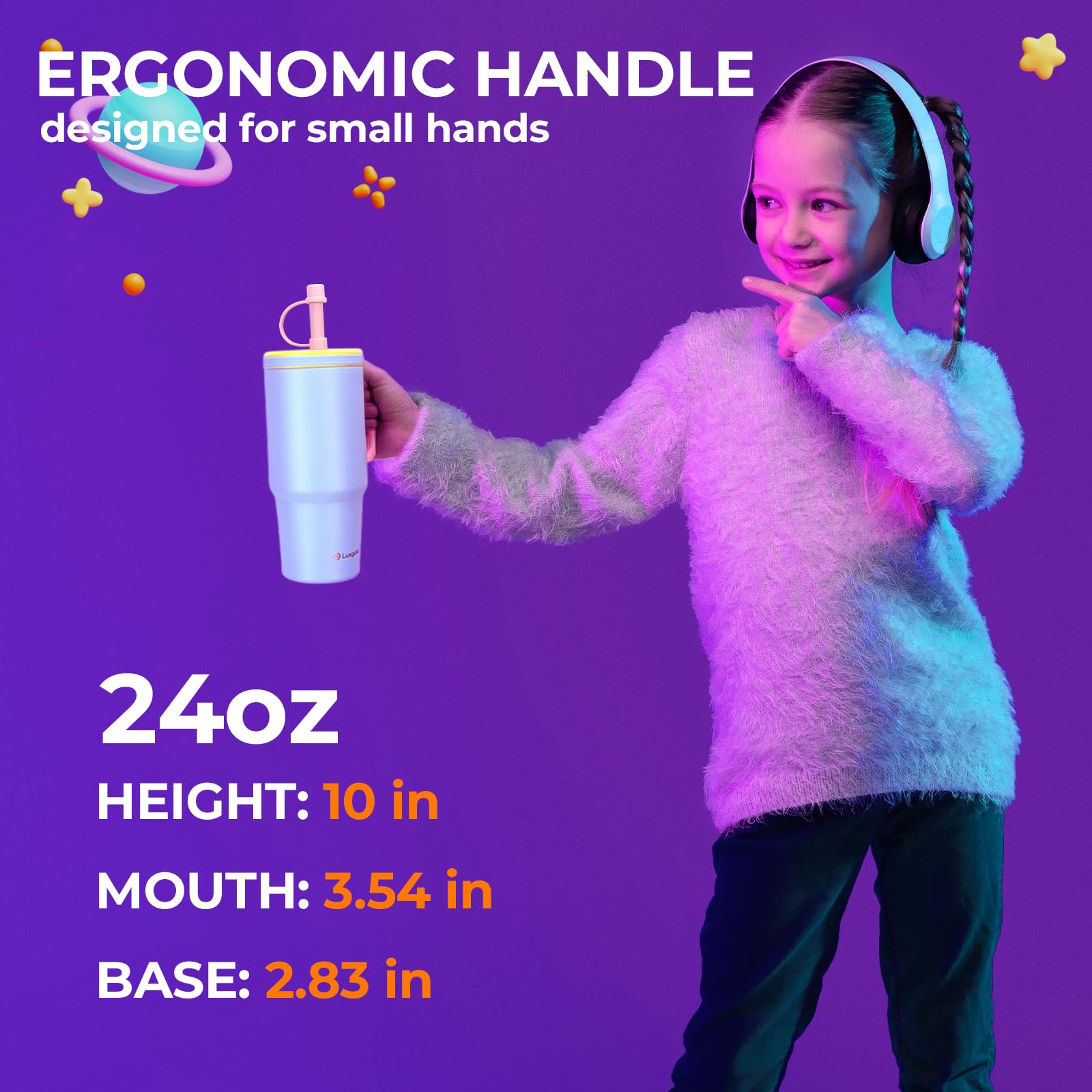 Kids 24 Oz Tumbler With Handle, Leak-Proof Screw-On Lid With Removable Silicone Straw, Spill Proof