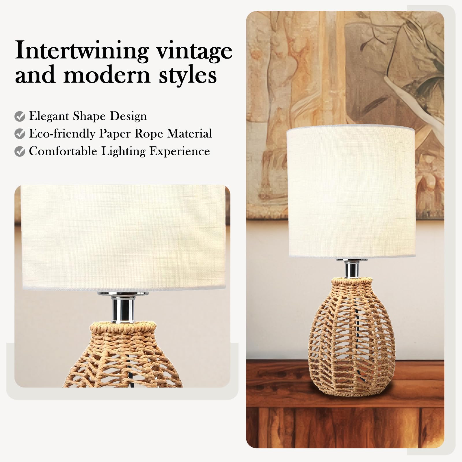 Haiifaz Small Rattan Table Lamp, 3 Color Temperature Boho Bedside Lamp Handmade Woven Wicker Nightstand Lamp Coastal Light With Beige Fabric Shade For Living Room Bedroom Office (Natural)