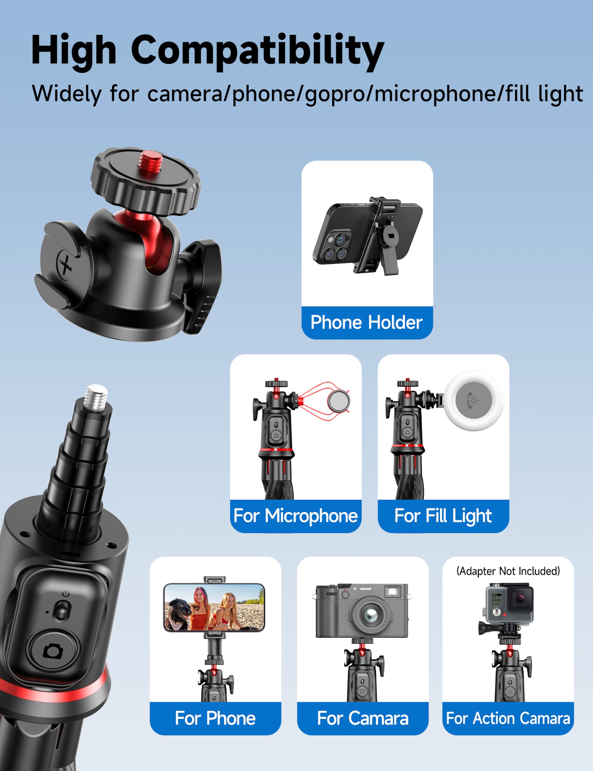 Selfieshow Tripod For Iphone, Extendable Flexible Camera Tripod With Wireless Remote, 360 Ball Head Portable Travel Selfie Stick Cell Phone Stand For Live Streaming Vlogging, Compatible With Cellphone, Camera