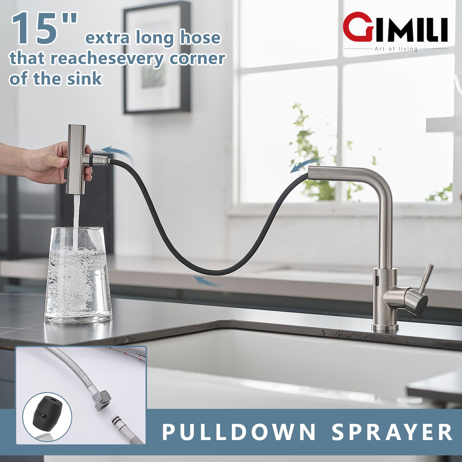 Gimili Touchless Waterfall Kitchen Faucet With Pull Down Sprayer Brushed Nickel Single Hole Handle Stainless Steel Kitchen Sink Faucets Commercial Modern Faucets For Pull Down Sprayer Sinks