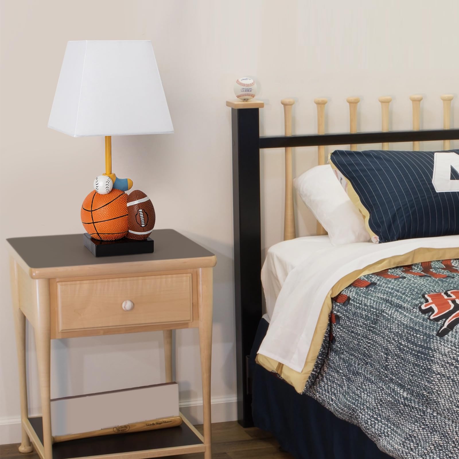 Herbestbay Kids Table Lamp, 14-Inch Bedside Lamp Adorable Football, Basketball, Hockey, And Baseball Design With Cute Shade - Ideal For Bedroom Decor, Includes Led Bulb