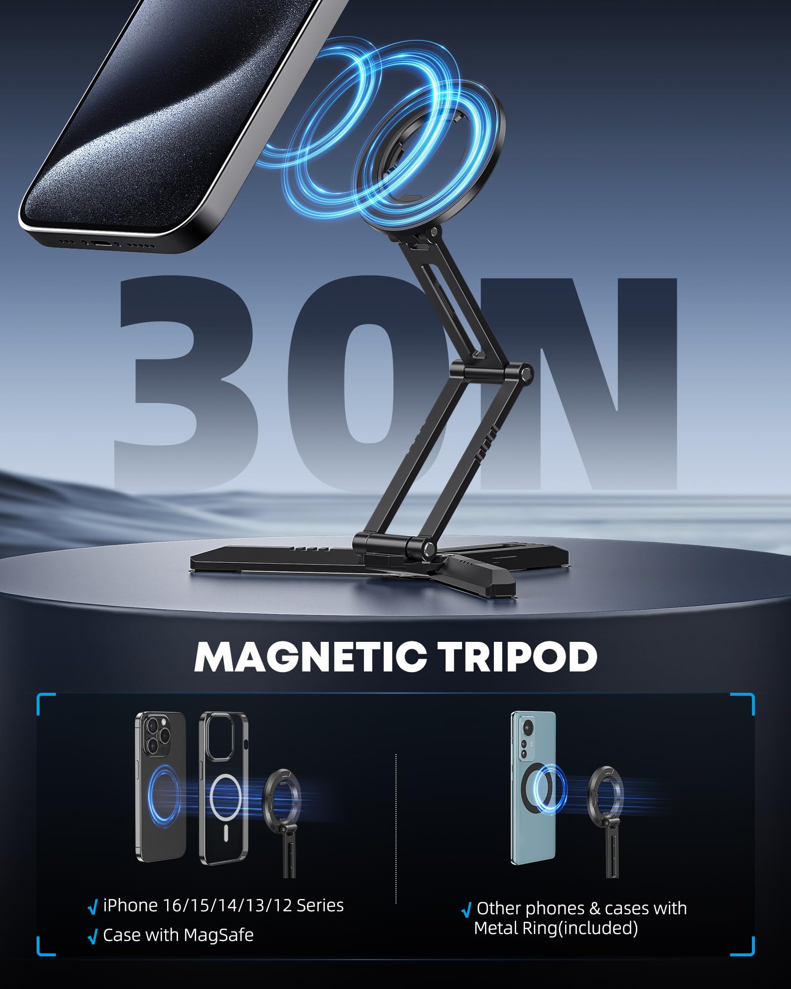 Camolo Geek Magnetic Pocket Phone Tripod Foldable Compatible With Magsafe For Iphone 16/15/14/13/12 Plus Pro Max Series, Mg03 Pro Aluminium Smartphone Mini Tripod Cell Phone Stand Magnet Quick Mount