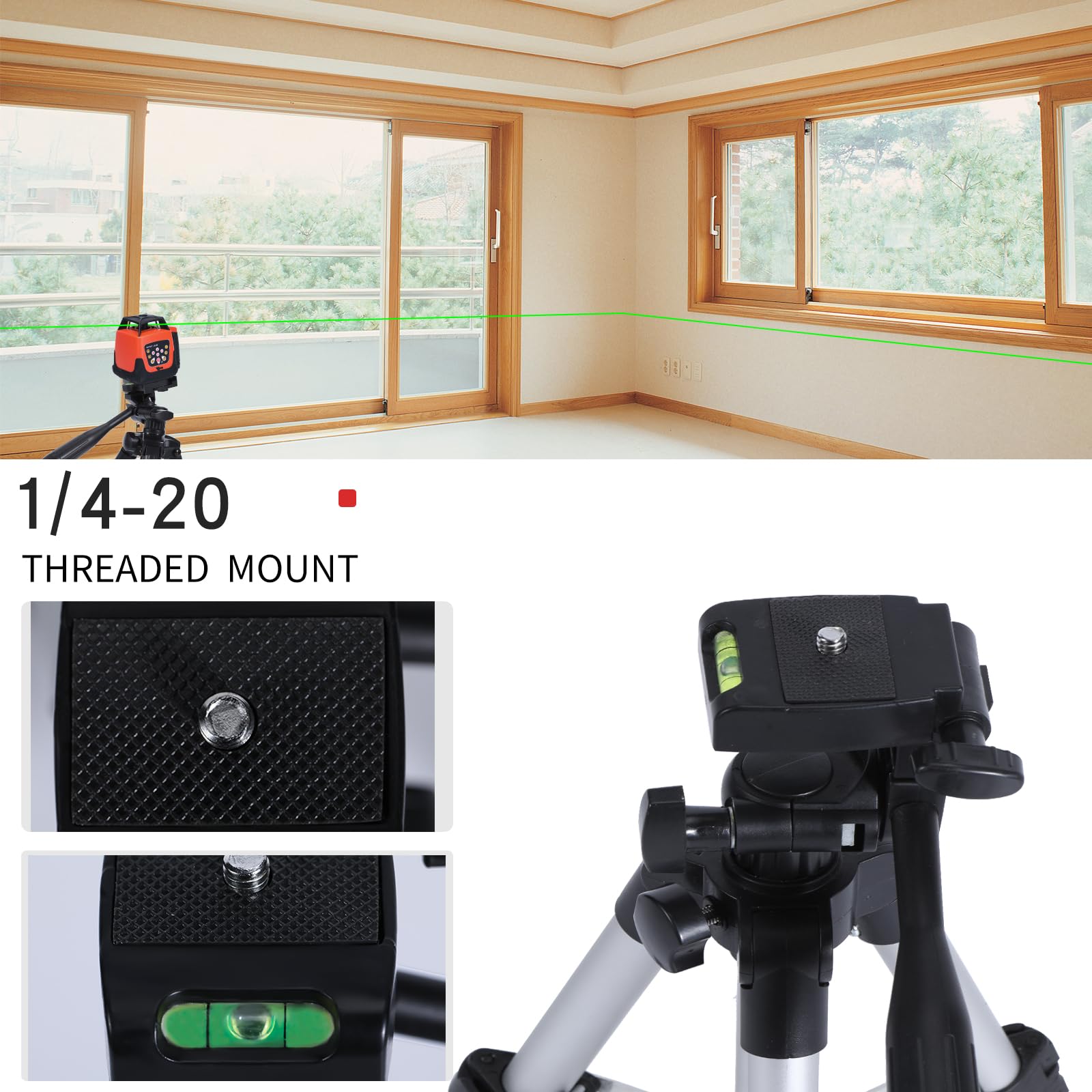 Mutoop 19.7" Lightweight Aluminum Tripod For Laser Level & Camera – Adjustable Mini Tripod With 3-Way Pan Head, Bubble Level, Quick Release Plate & Carry Bag - 1/4"-20 Mount, 9Lb Capacity