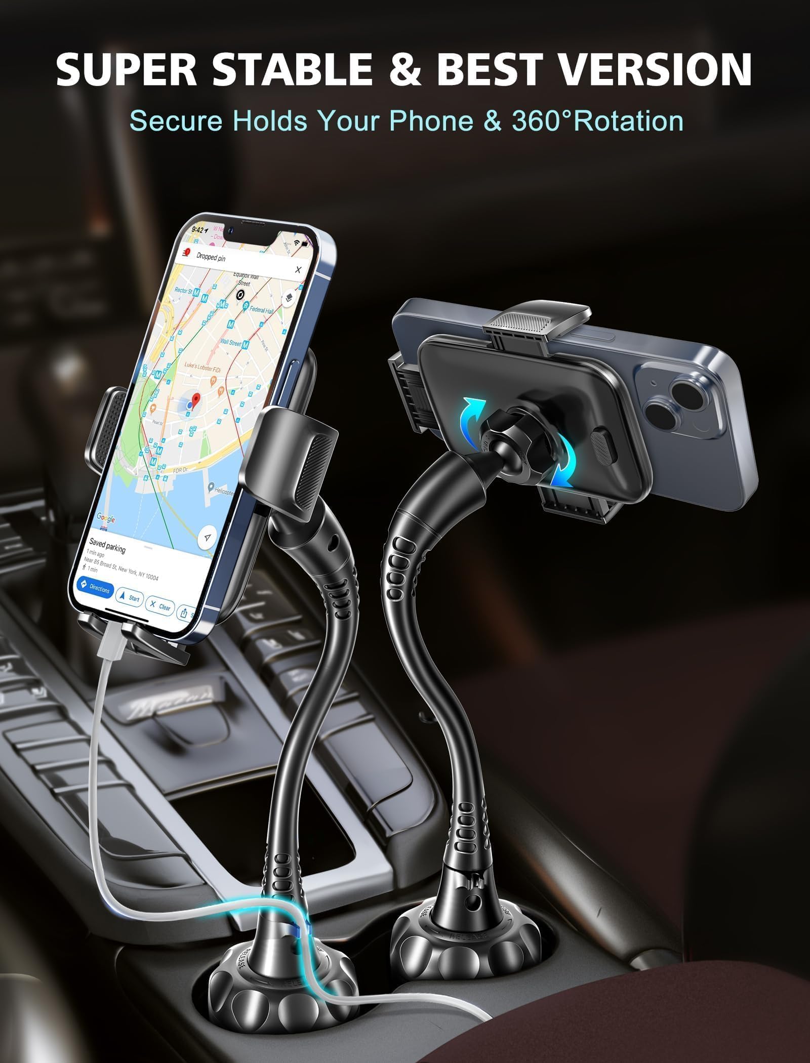 Topgo Cup Phone Holder For Car [  Ultra-Sturdy & Non-Shaking] Car Phone Mount With Adjustable Long Gooseneck Cell Phone Automobile Cradles For Iphone 16 Pro Max And More Smartphone - Black