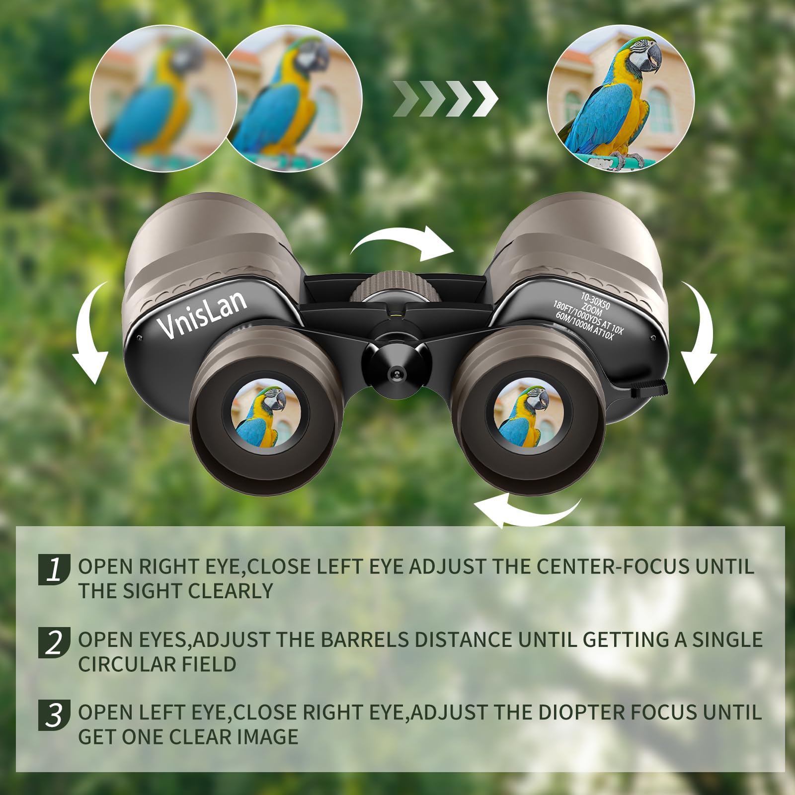 Vnislan 10-30X50 Hd Zoom Binoculars For Adults With High-Powered & Image Stabilization - Waterproof, Clear Low-Light Vision Binos For Bird Watching, Hunting, Travel, Cruise Ship Use