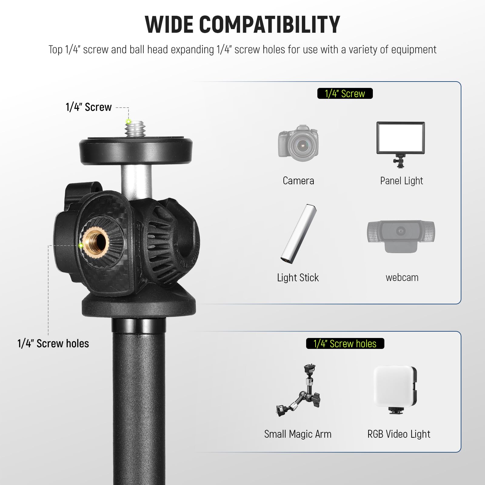 Otrest Webcam Stand For Desk W/Phone Mount, 360° Ballhead, 1/4" Thread Compatible With Logitech Brio C920, Height Adjustable Heavy Base Desktop Webcam Holder For Tiktok/Youtube Live Stream, Ds012