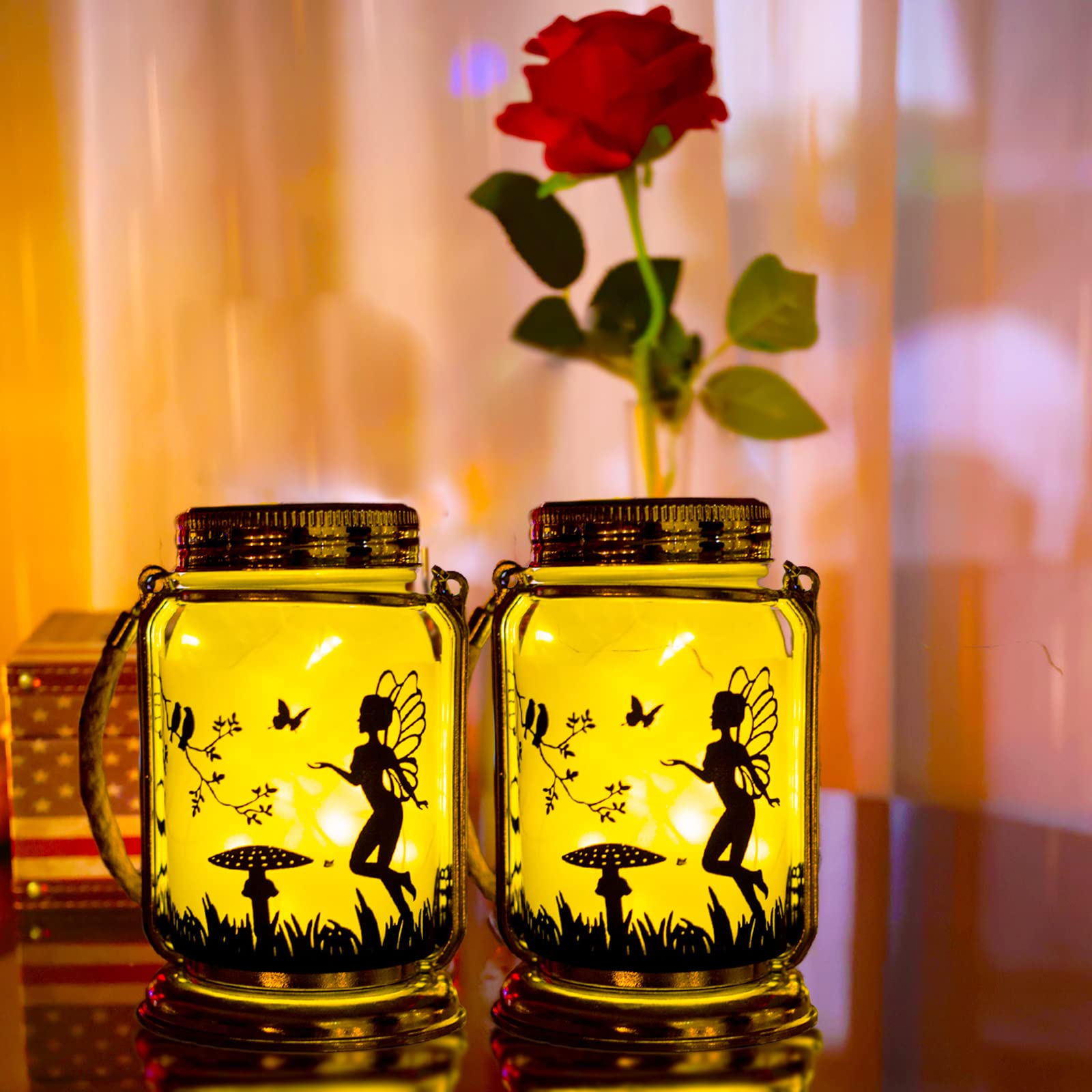 Vcdsoy 2 Pack Solar Hanging Mason Jar Lantern-  For Mom Women Grandma ,Outdoor Ornaments Decorations- Solar Fairies Night Lights With Stakes Frosted Glass Waterproof Jar For Yard Patio Lawn