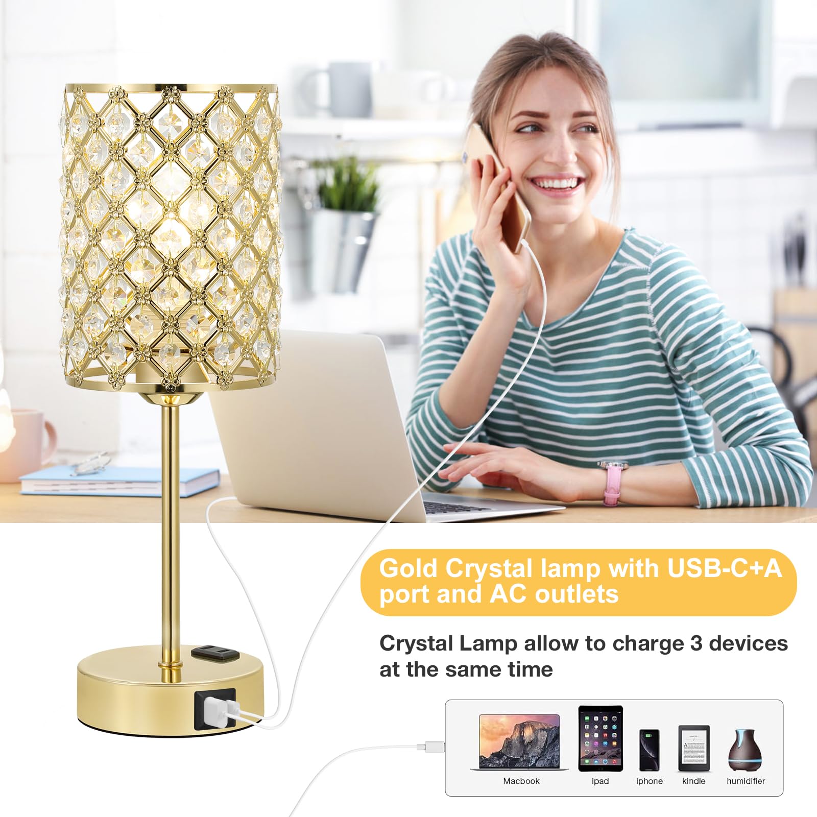Hong-In Gold Lamp For Nightstand-Crystal Table Lamp With Usb-C+A & Ac Charging Ports, 3-Way Dimmable Nightstand Touch Lamp, Bedside Desk Lamp For Bedroom Living Room Home