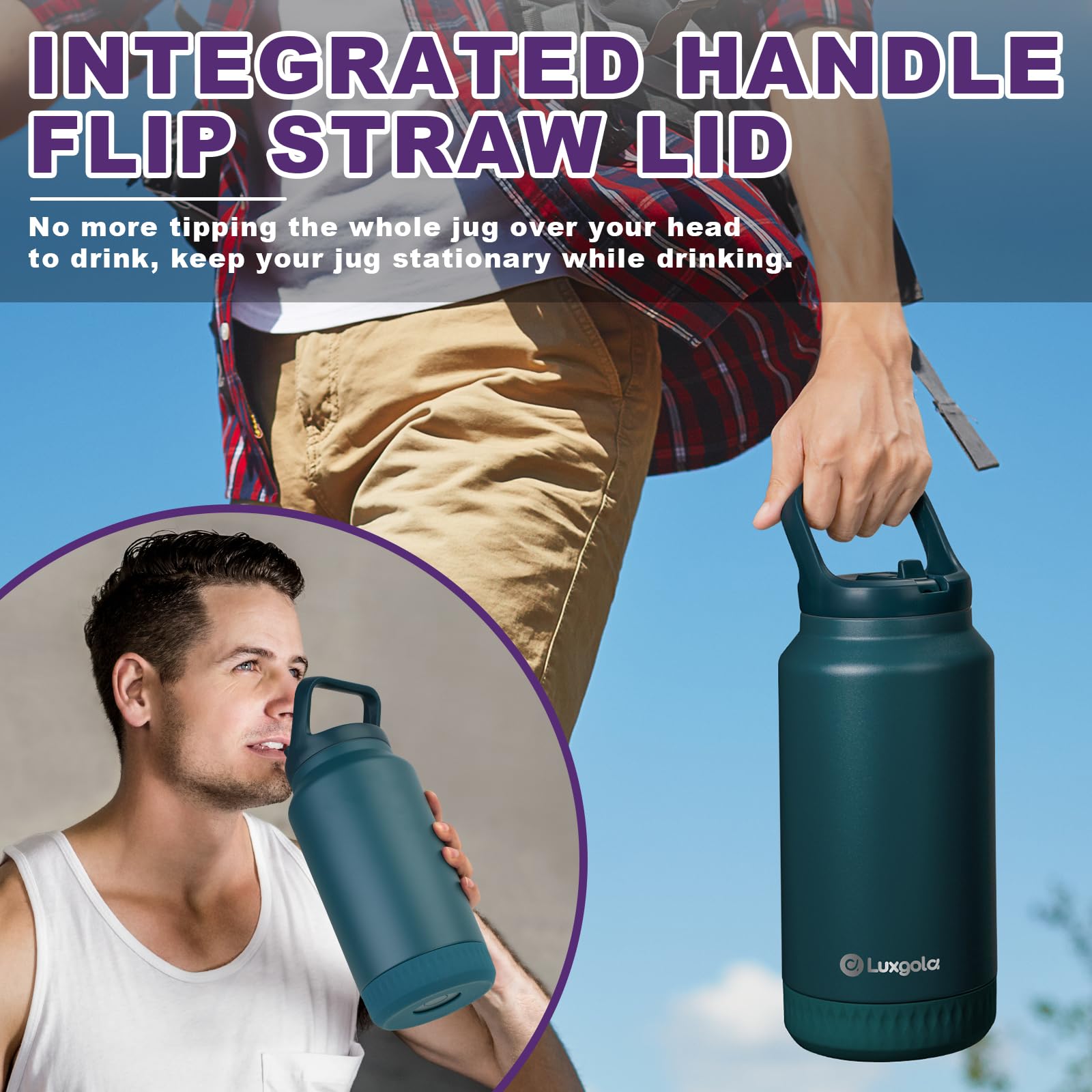 64 Oz Insulated Water Bottle, Half Gallon Stainless Steel Vacuum Tumbler With Flip Straw Lid